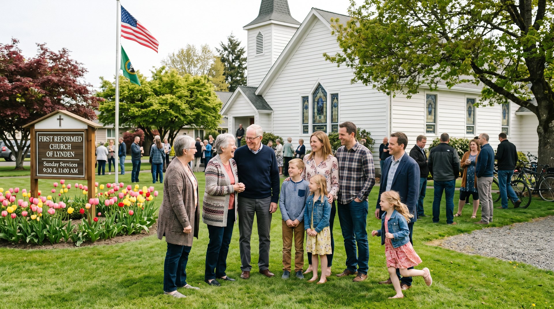 Multigenerational families gathered outside a Lynden church on a Sunday morning with tulip beds in front