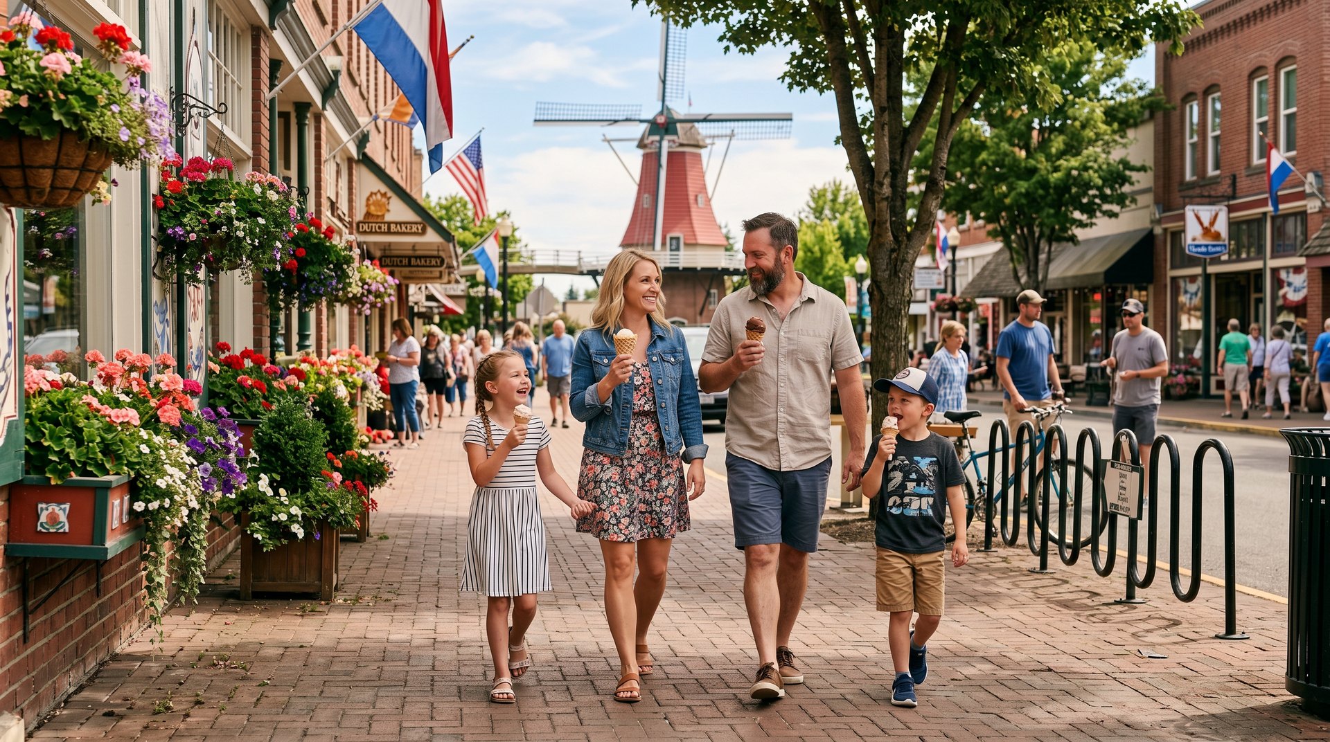 Family walking past the Lynden windmill bridge on Front Street on a sunny summer afternoon