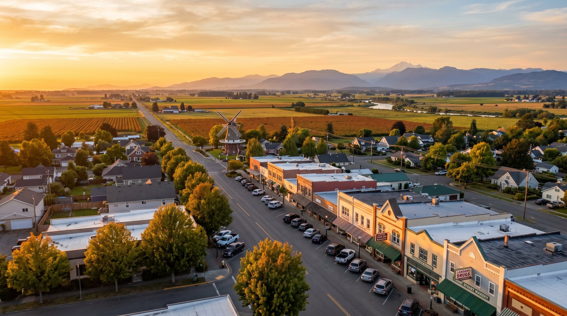 Golden-hour aerial view of Lynden's Front Street with the Dutch windmill bridge and dairy farmland stretching to the Cas
