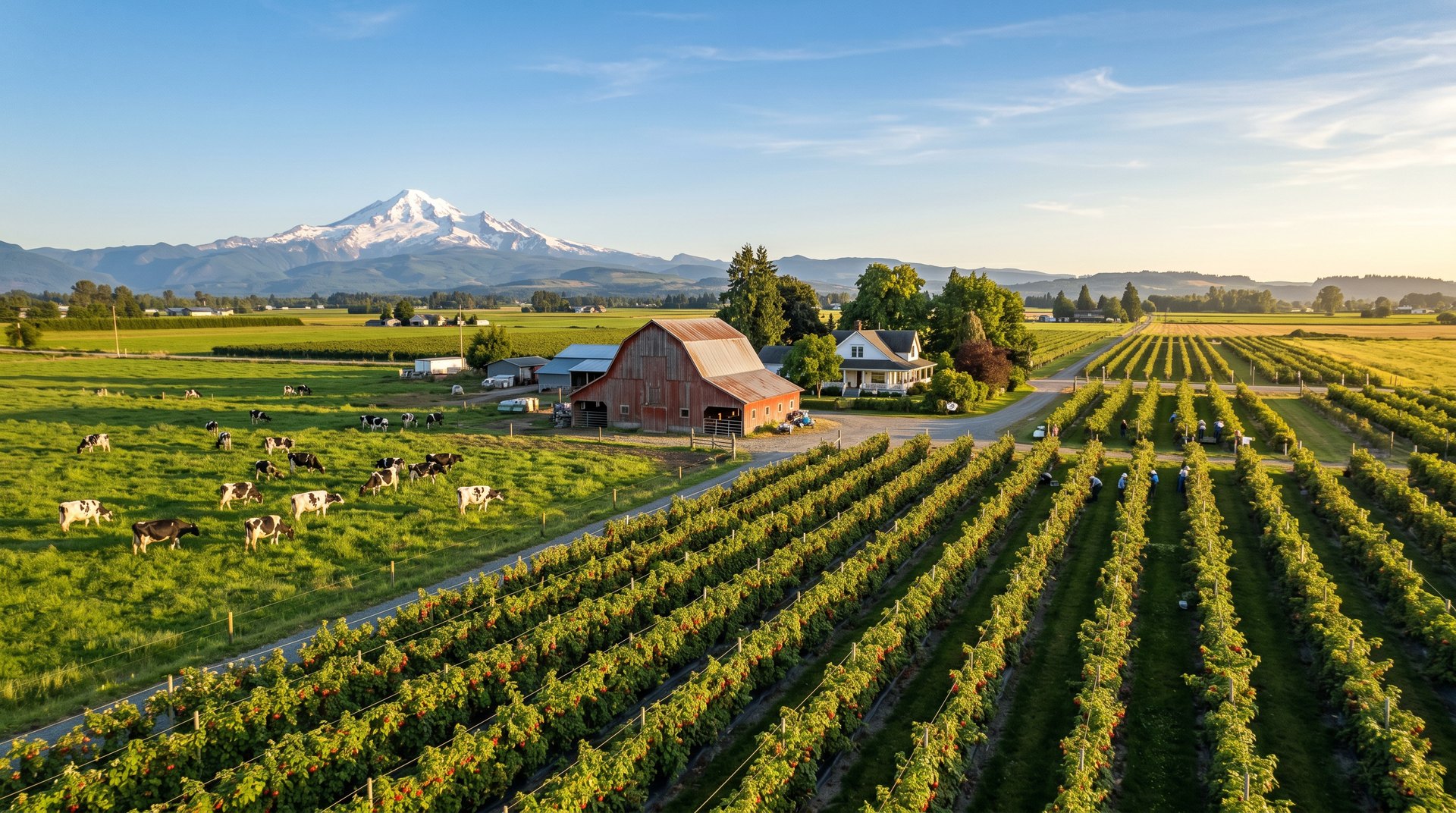 Red raspberry fields and a dairy farm with Mt. Baker in the background near Lynden, Washington