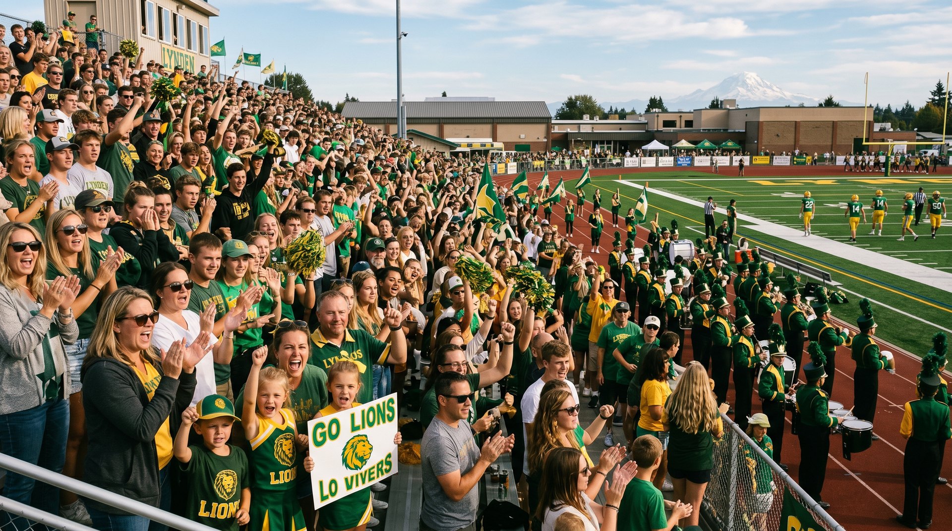 Packed bleachers at a Lynden High School football game with families cheering and Mt. Baker in the distance