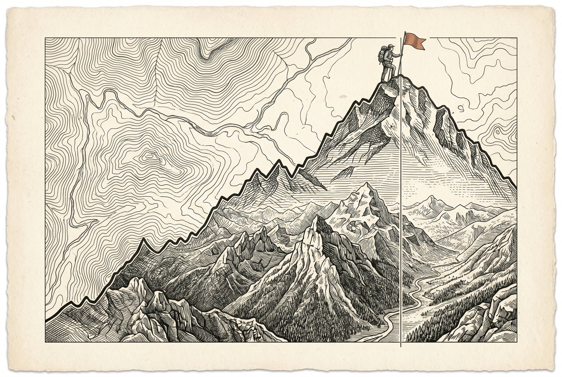 Engraved mountain ridgeline drawn as a descending mortgage payoff curve