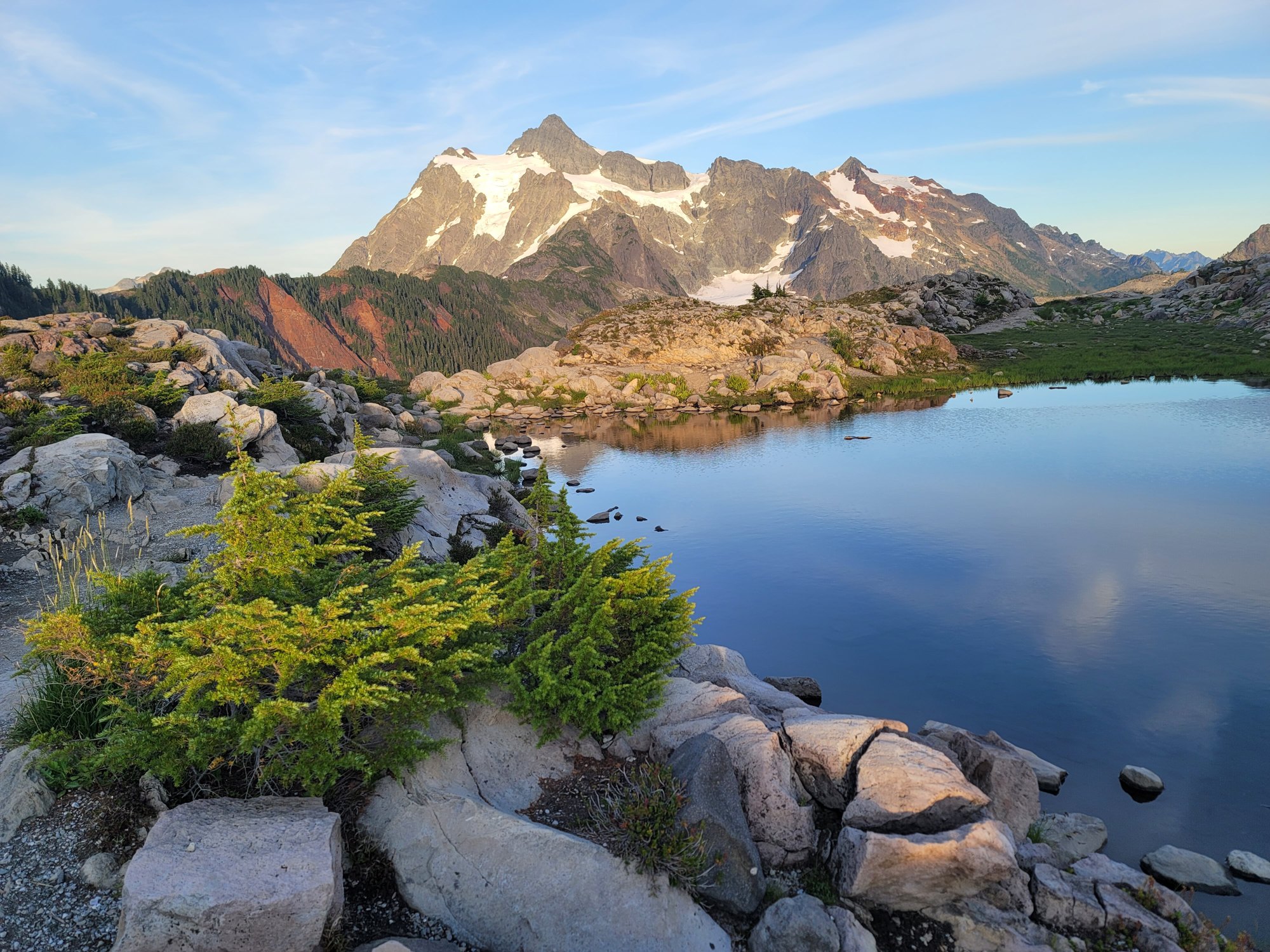 Mount Shuksan reflected in an alpine tarn at Artist Point at sunset
