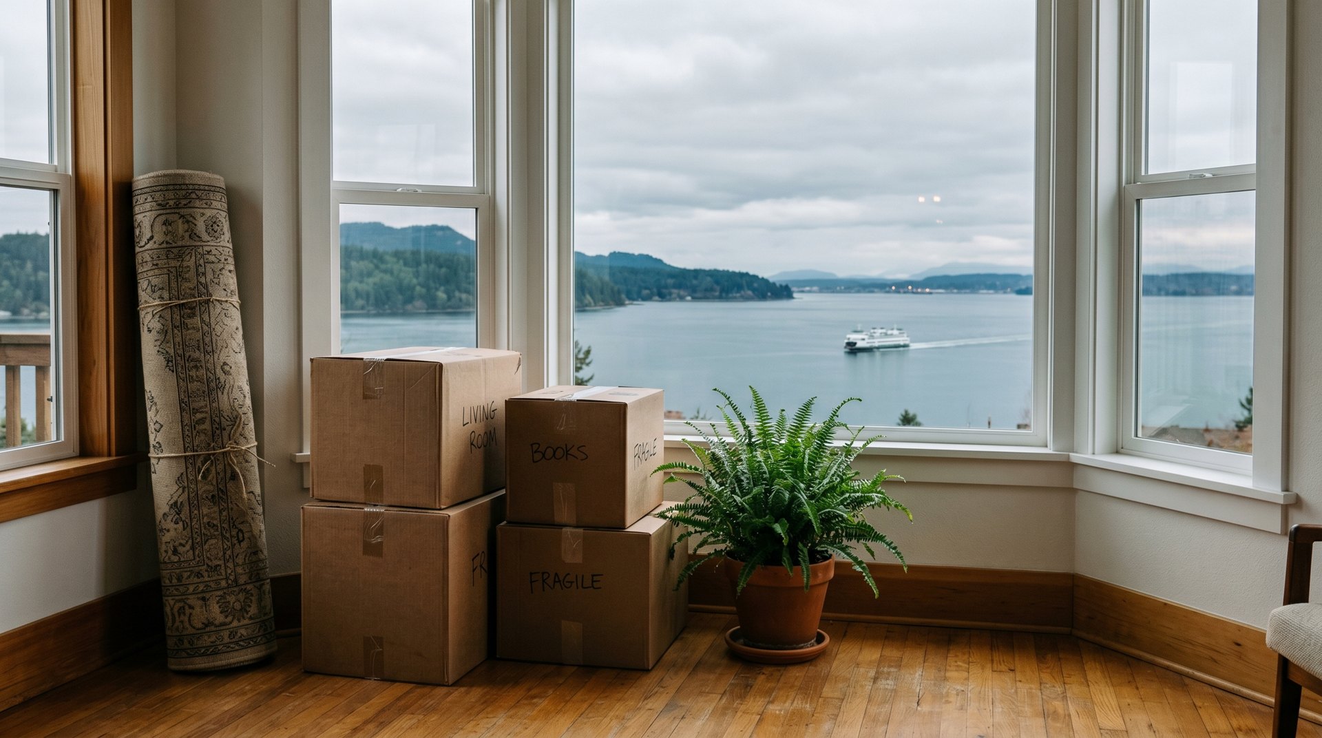 Moving boxes by a bay window overlooking Bellingham Bay with a ferry crossing