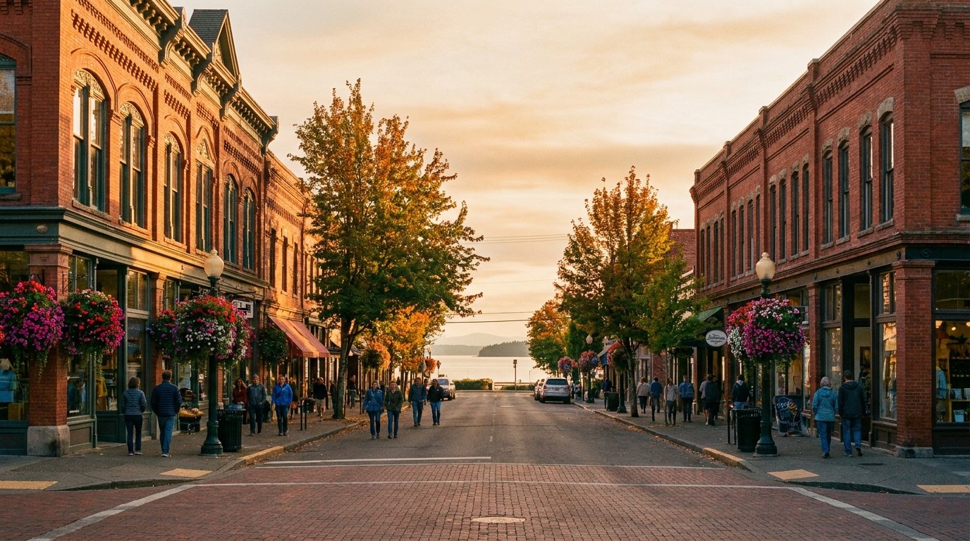A photoreal view of the Fairhaven neighborhood in Bellingham, Washington