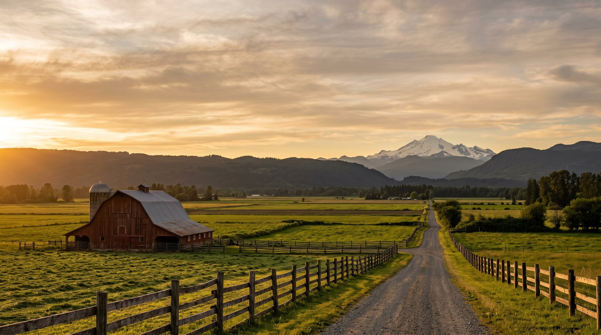 Golden-hour view across Nooksack Valley farmland toward Mount Baker and the foothills