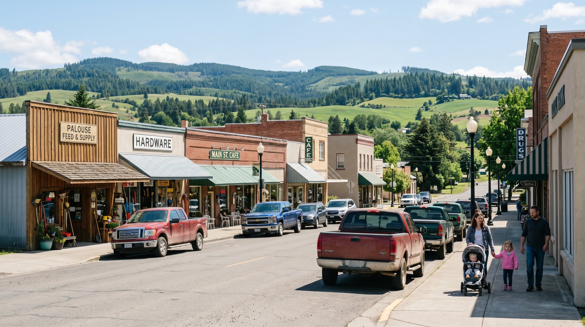 Quiet midday main street scene in Nooksack, a small rural Washington farm town