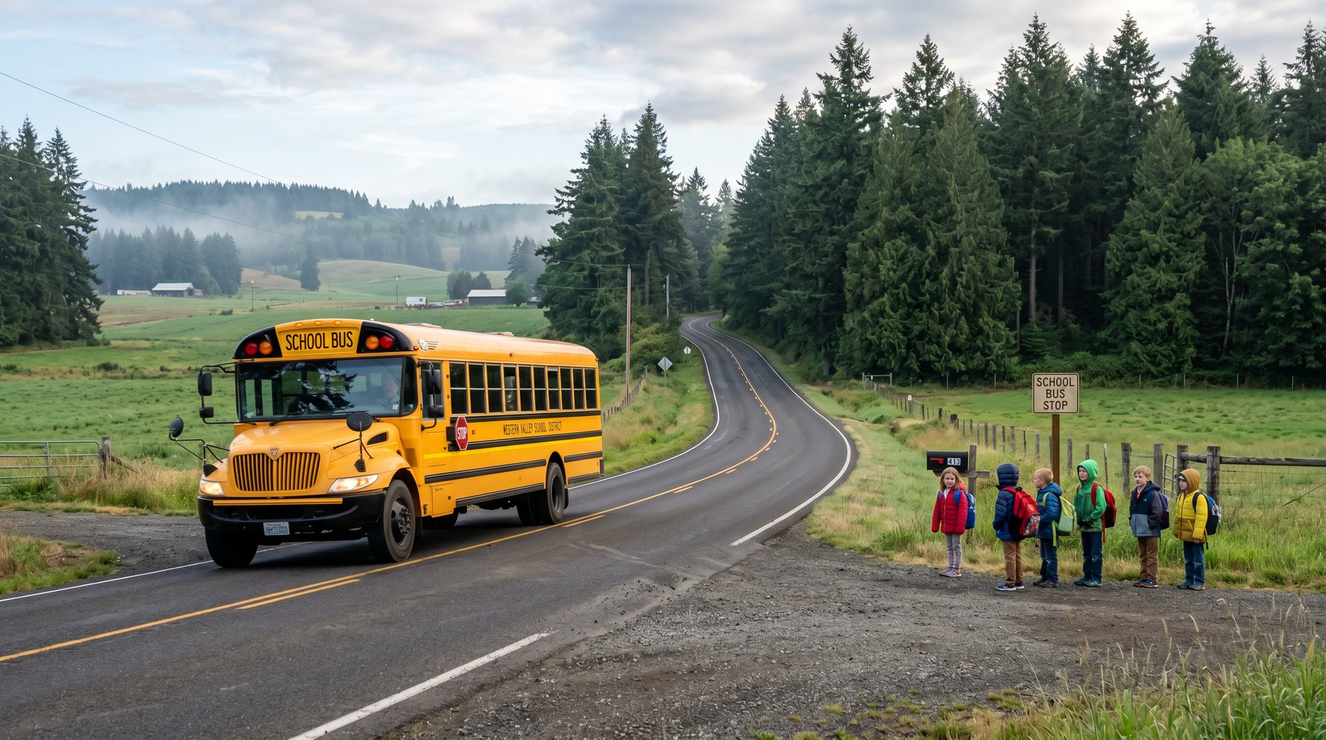 School bus on a rural Nooksack Valley road at the start of the school day