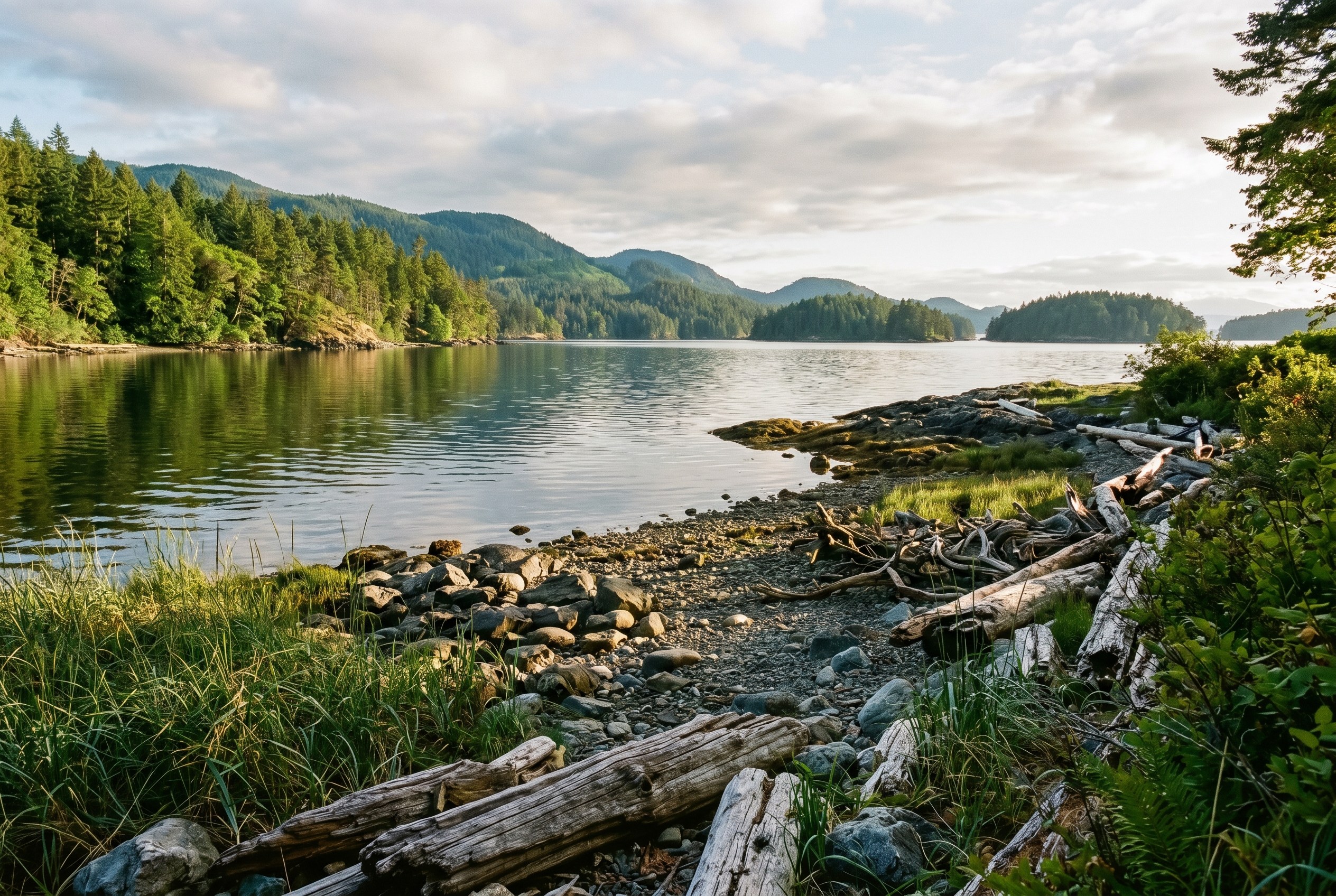 A calm Salish Sea shoreline
