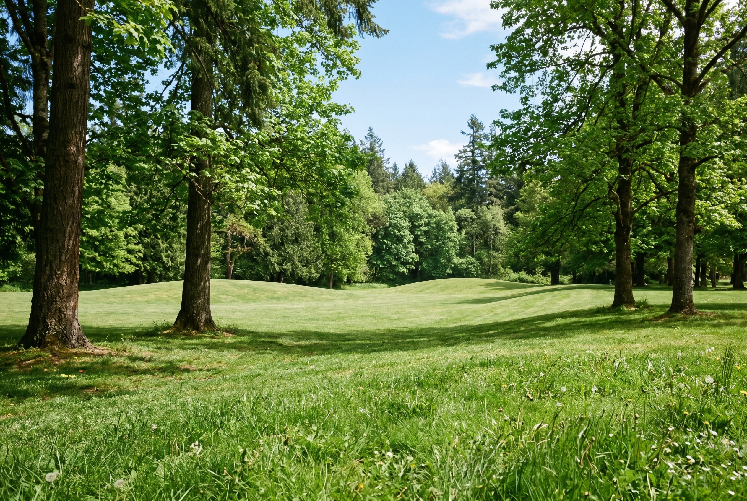 Open park lawns and shade trees