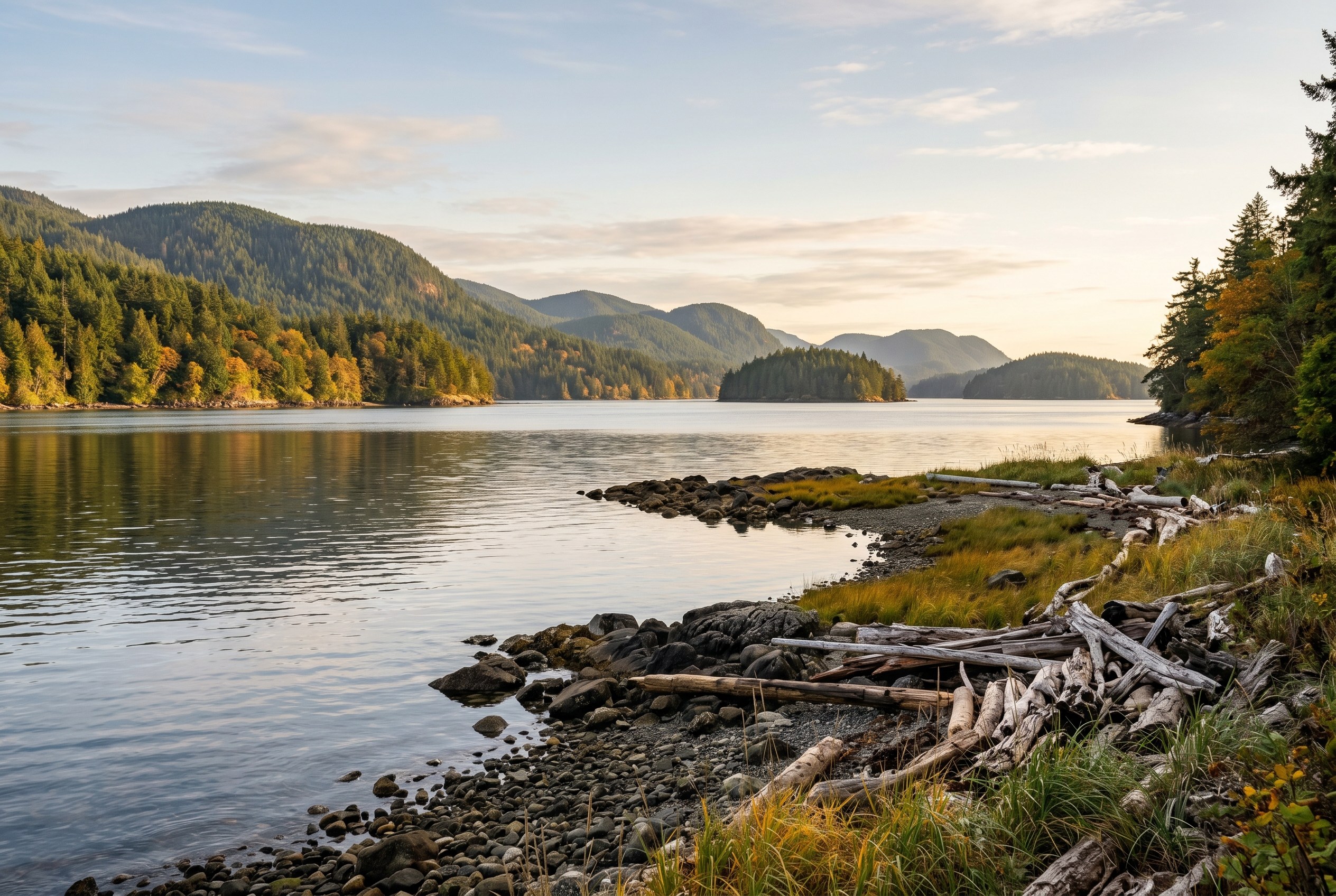 A calm Salish Sea shoreline
