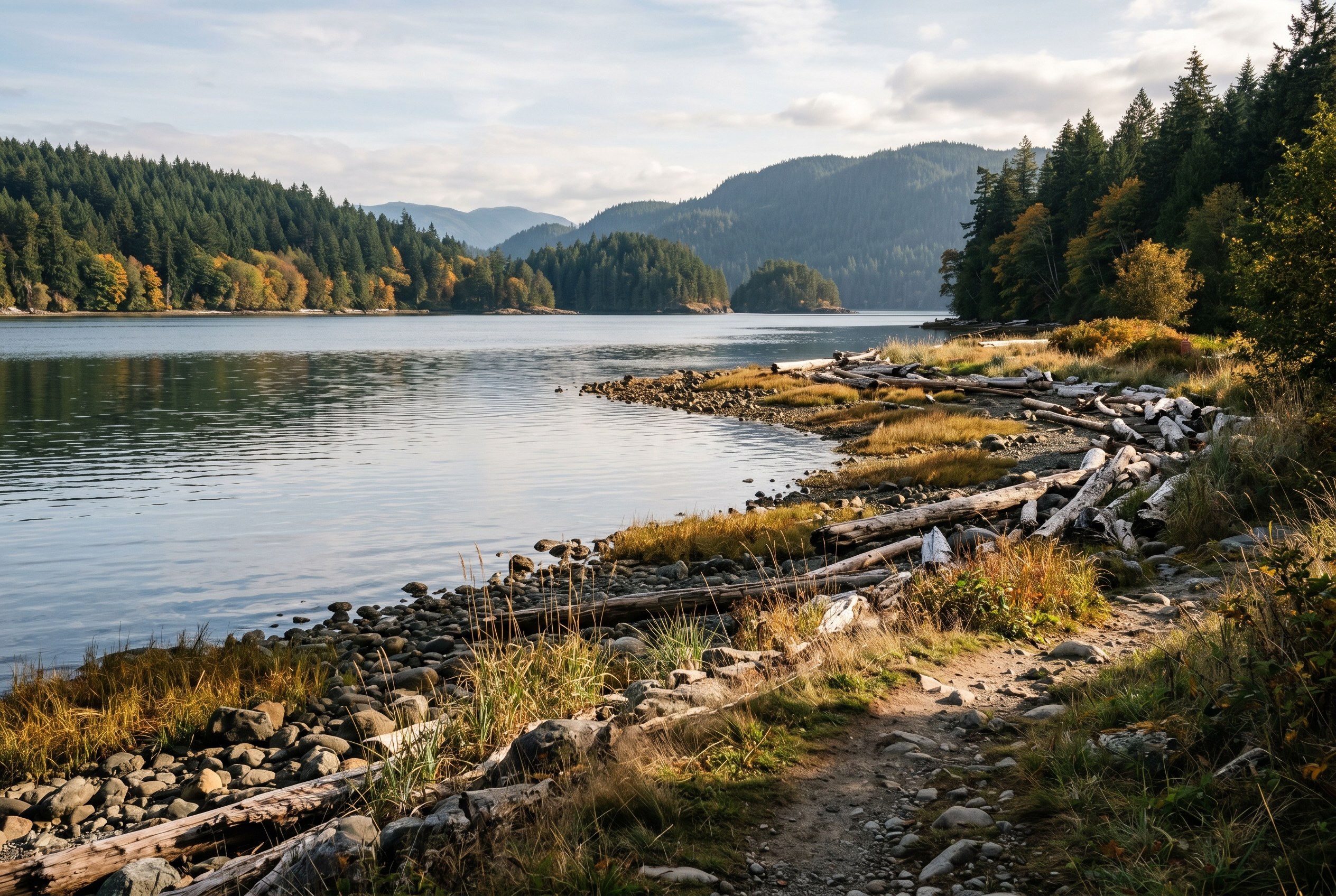 A calm Salish Sea shoreline
