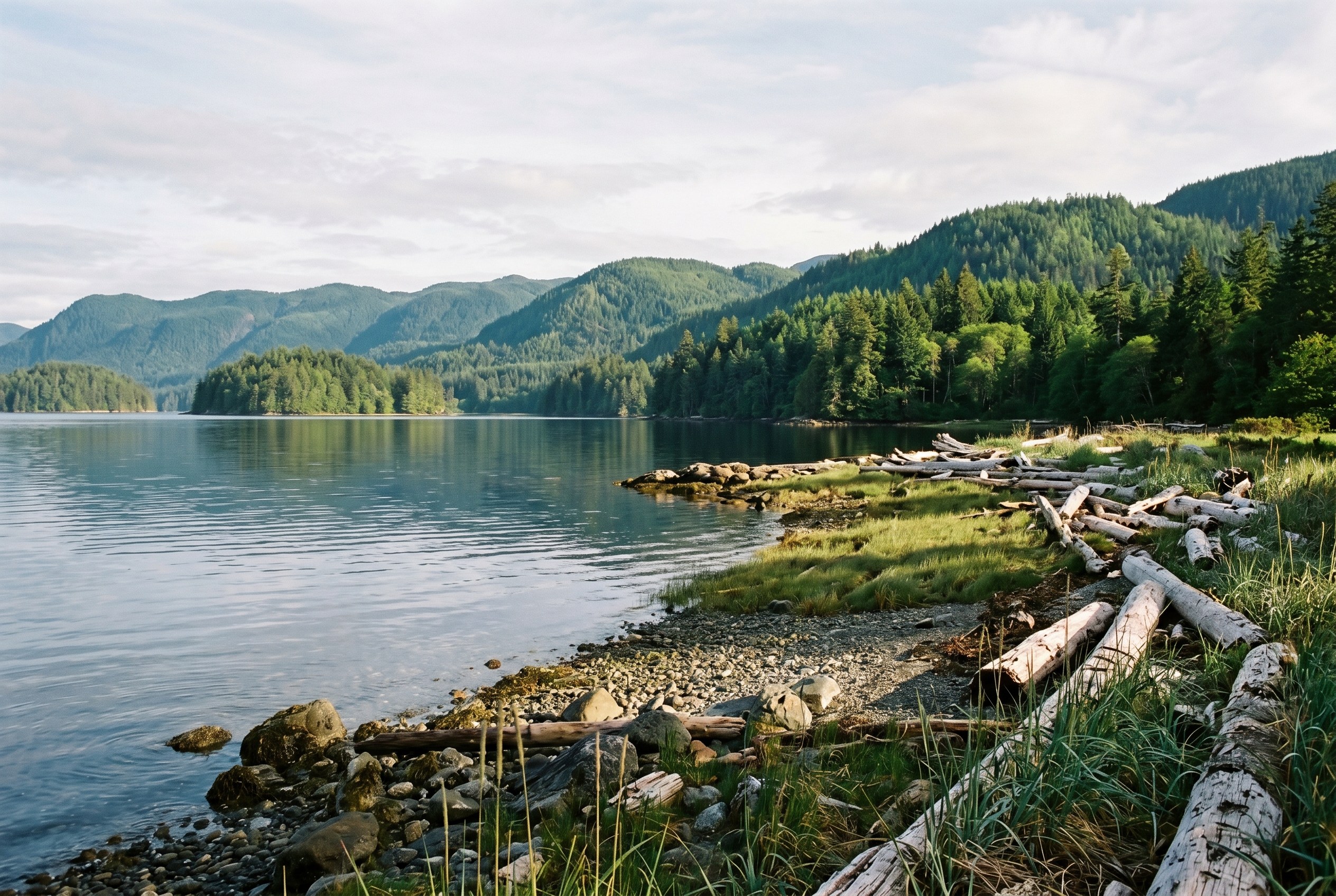 A calm Salish Sea shoreline
