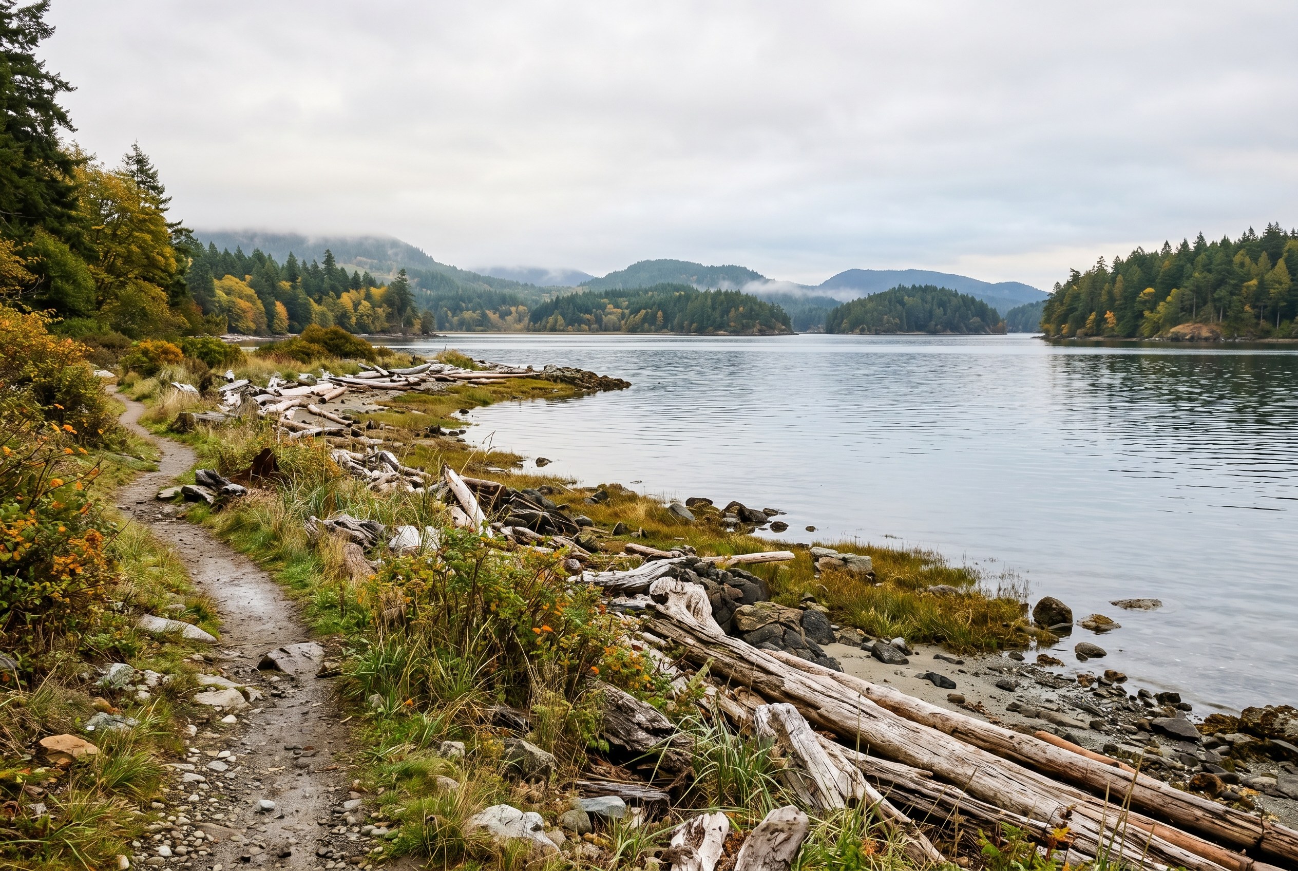 A calm Salish Sea shoreline