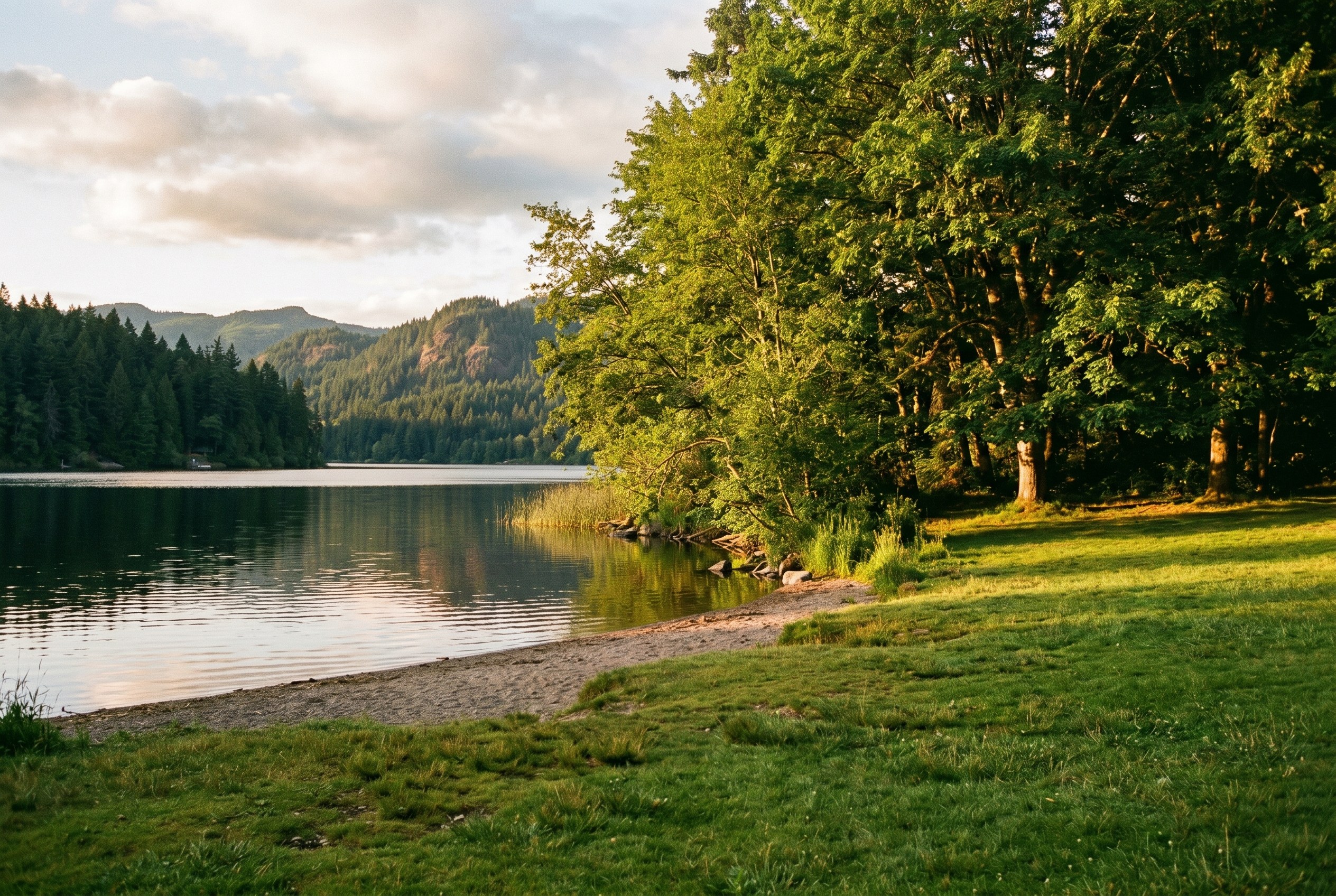 A lakeside lawn and swim beach at Bloedel Donovan Park