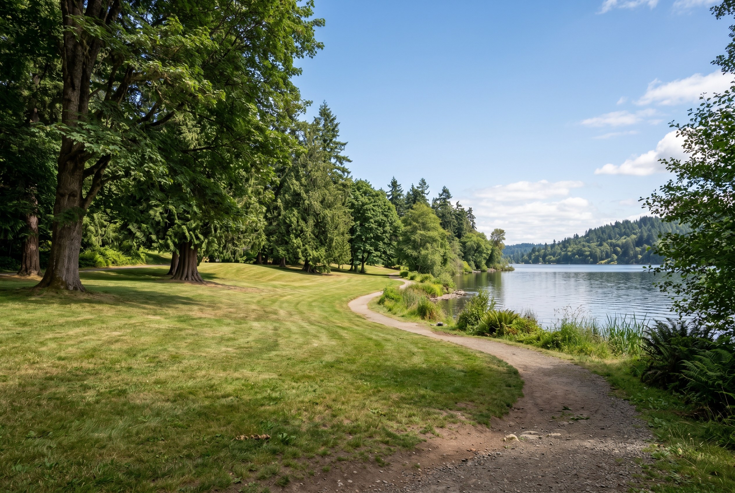 Open park lawns and shade trees