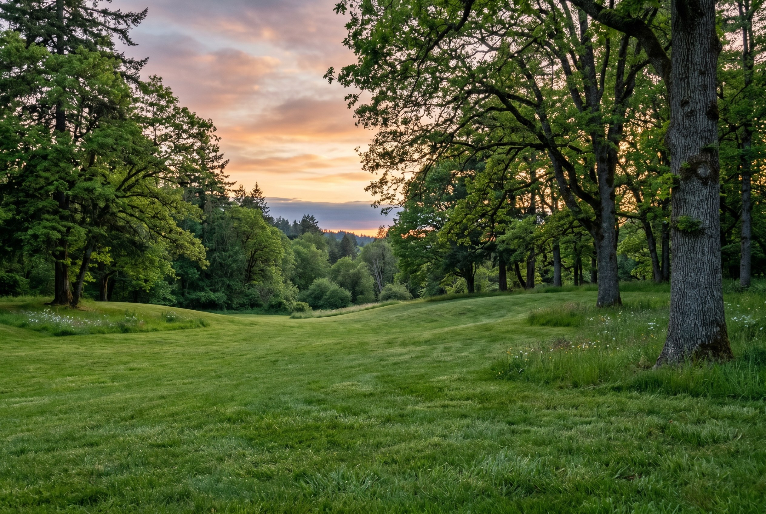 Open park lawns and shade trees