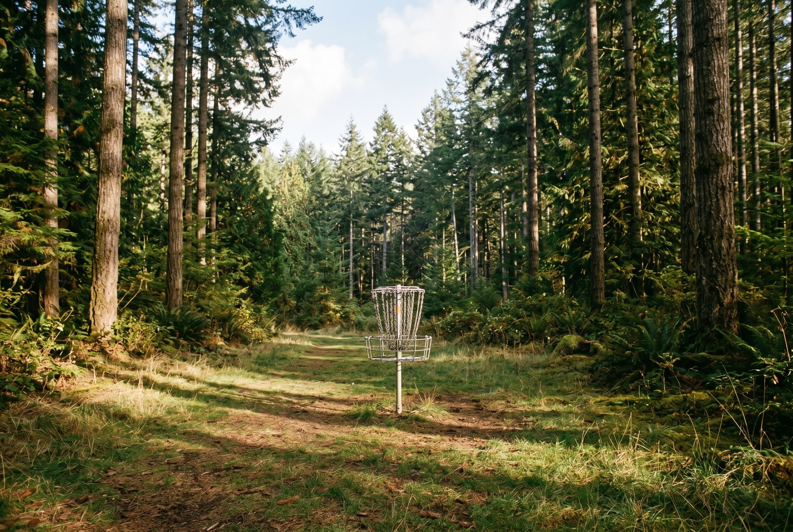 A disc golf basket in a clearing