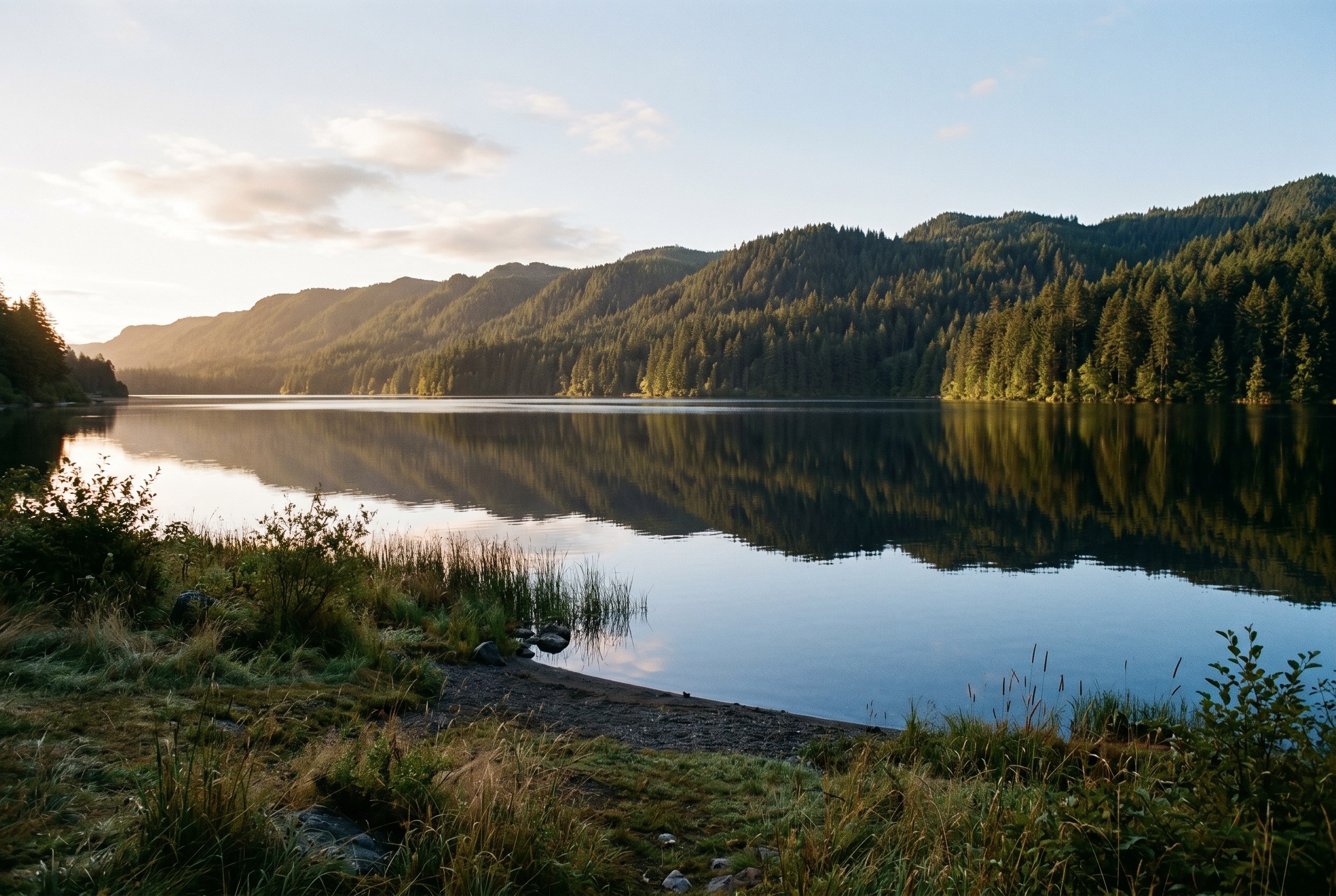 Forest-rimmed Lake Padden at golden hour with the swim beach