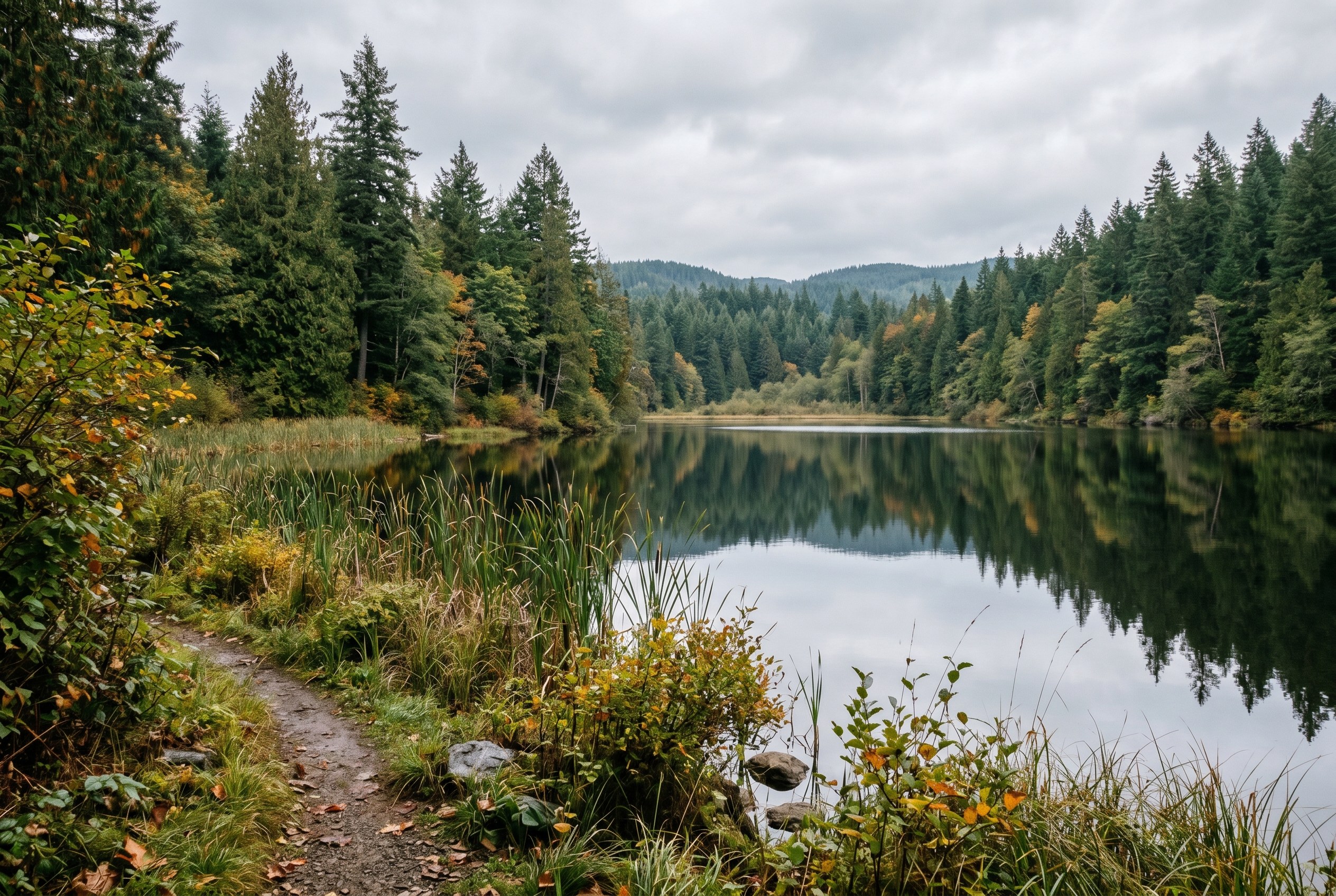 A trail along a calm lake