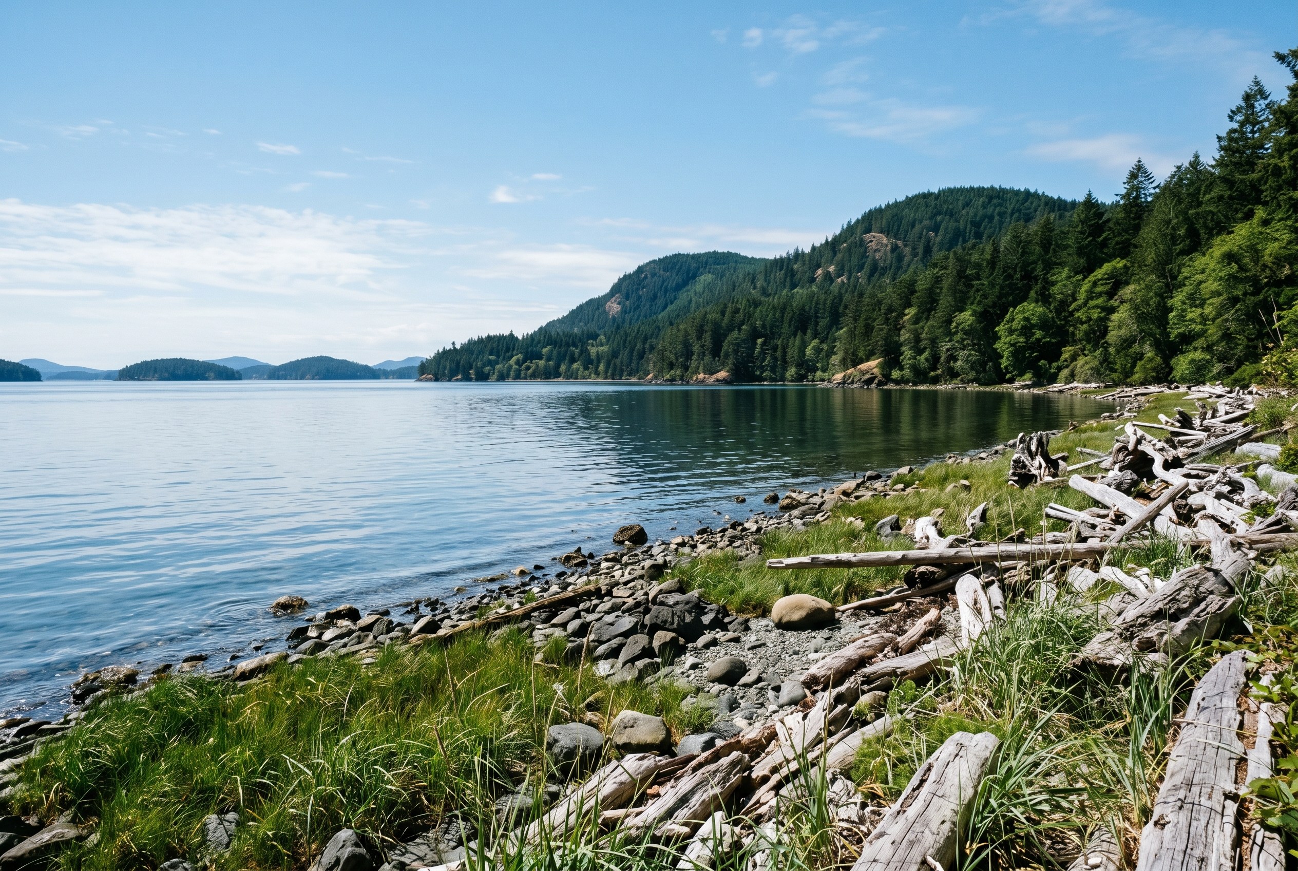 A calm Salish Sea shoreline