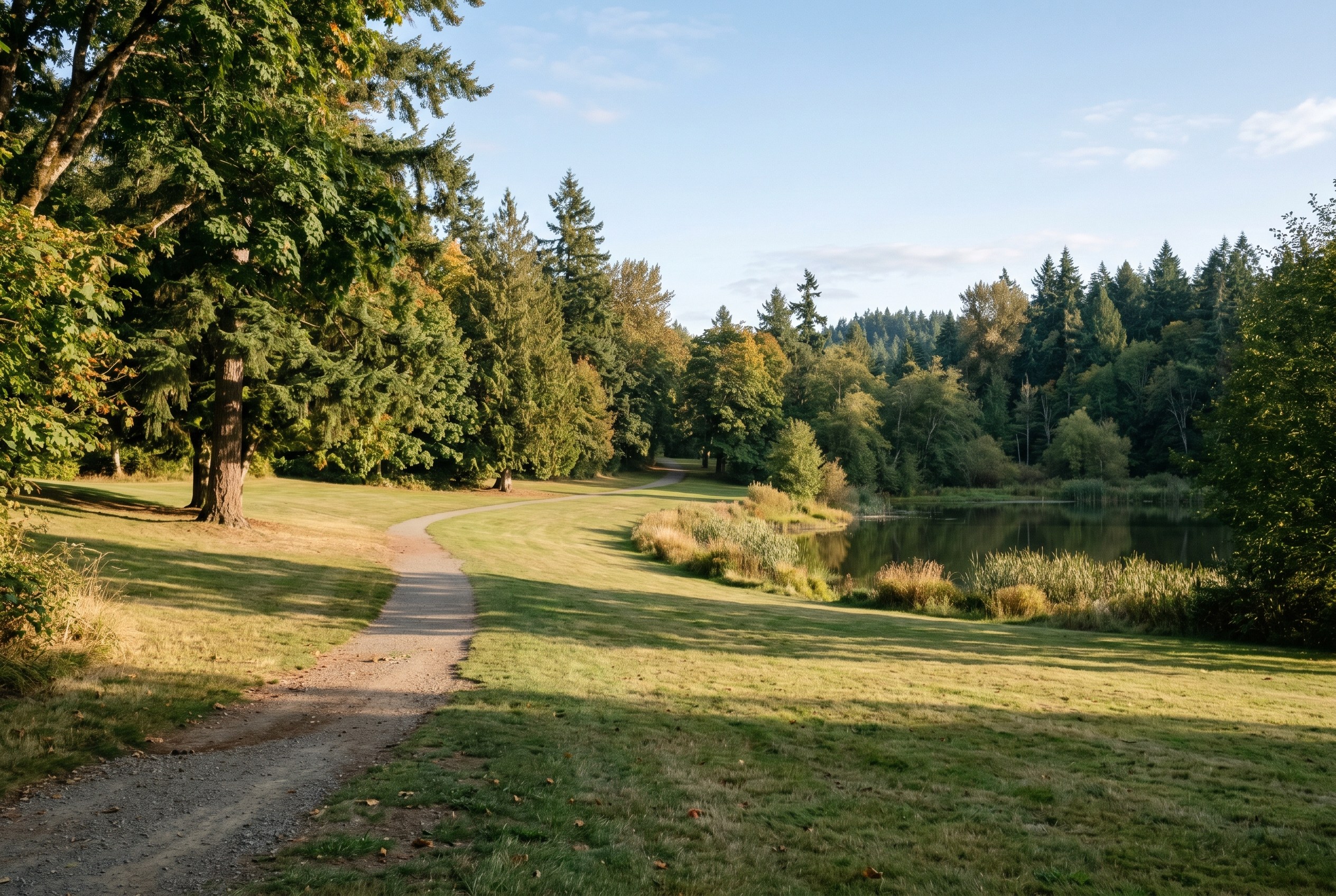 Open park lawns and shade trees