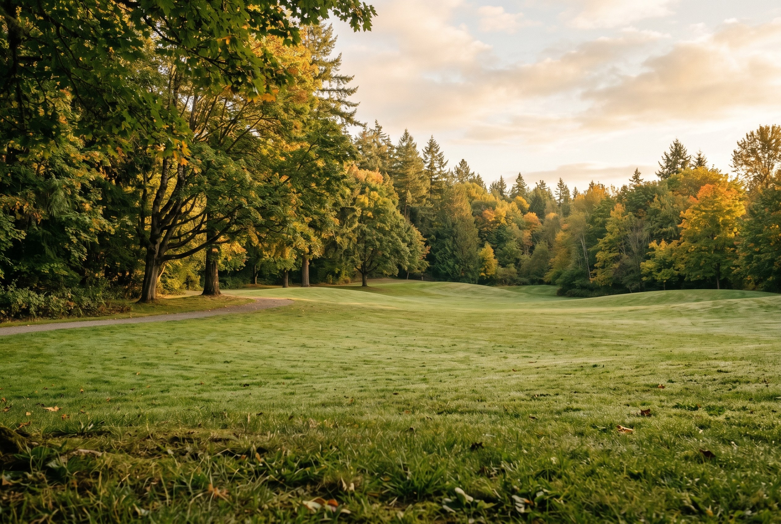 Open park lawns and shade trees