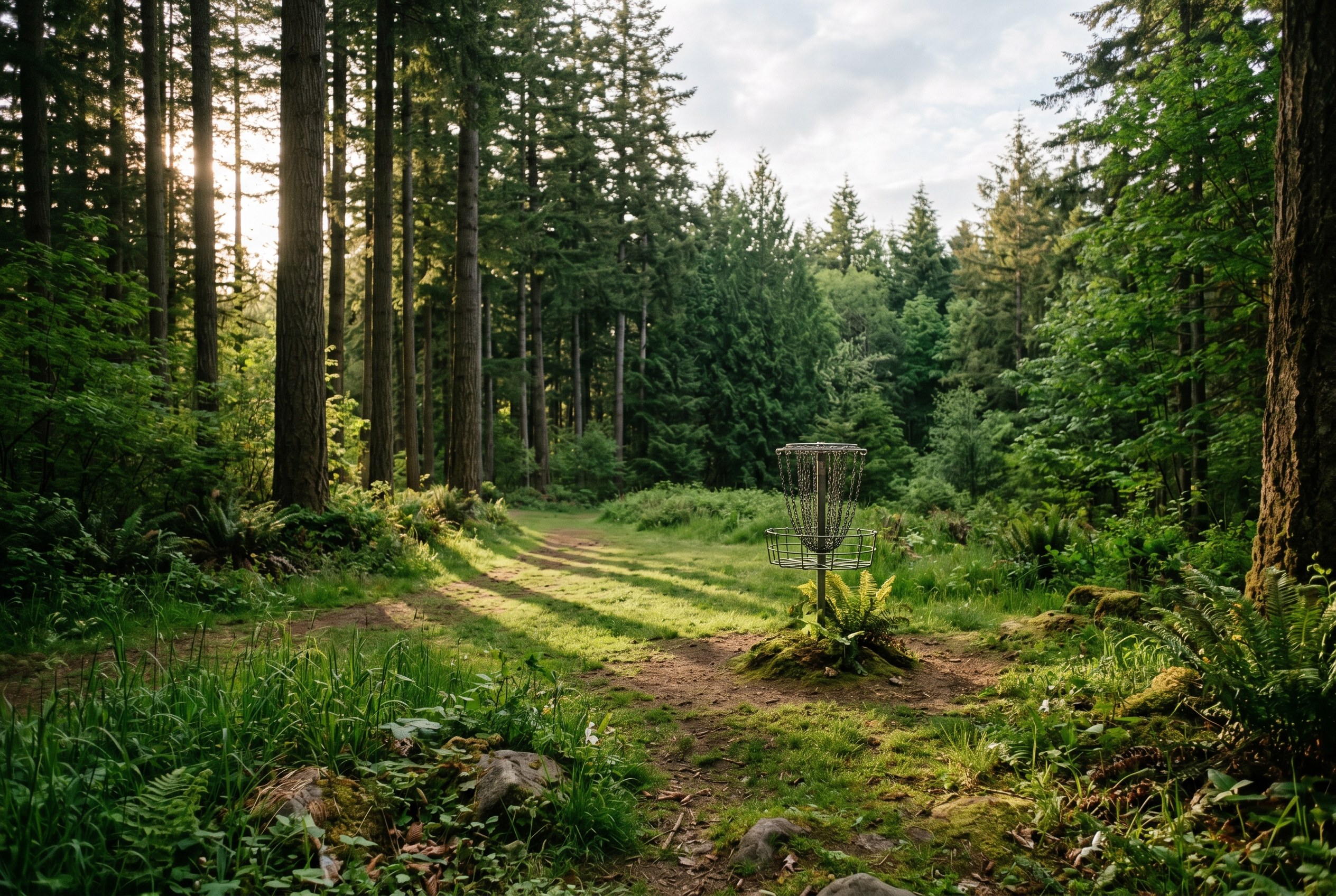A disc golf basket in a clearing