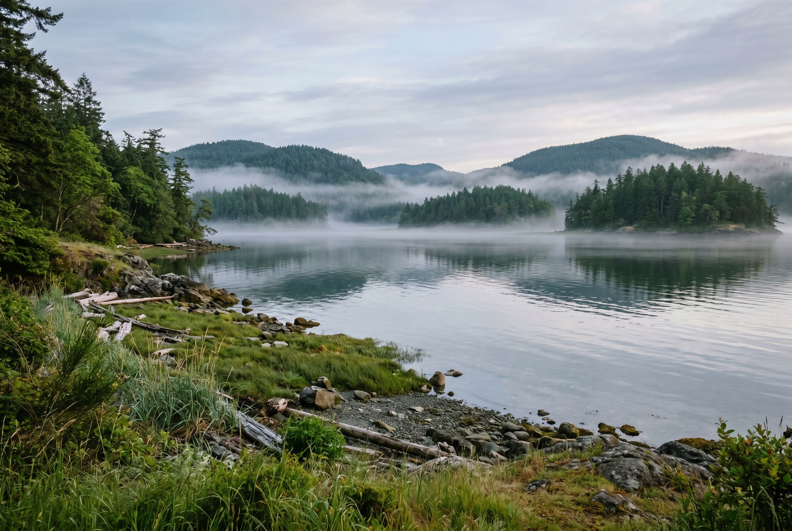 A calm Salish Sea shoreline