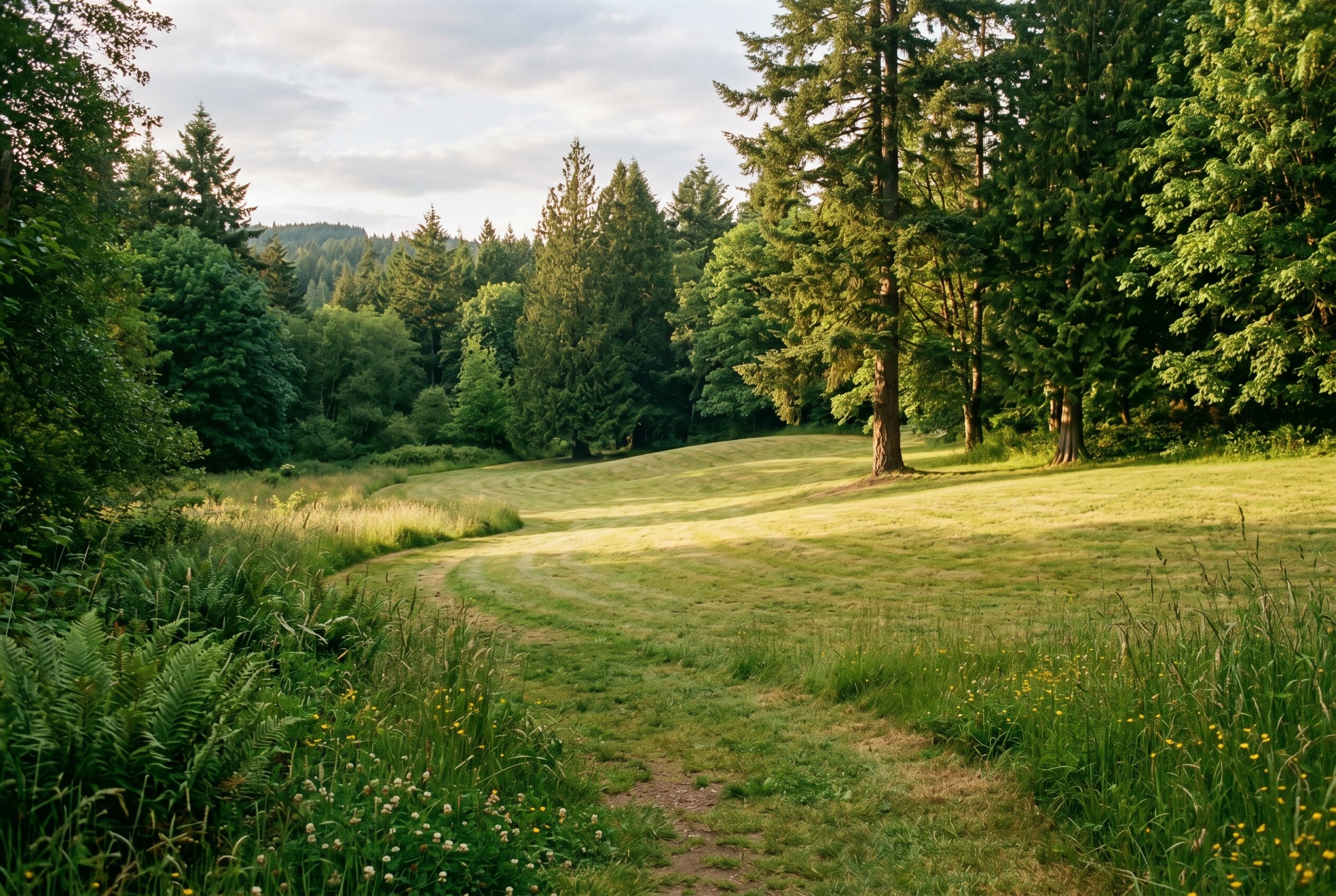 Open park lawns and shade trees