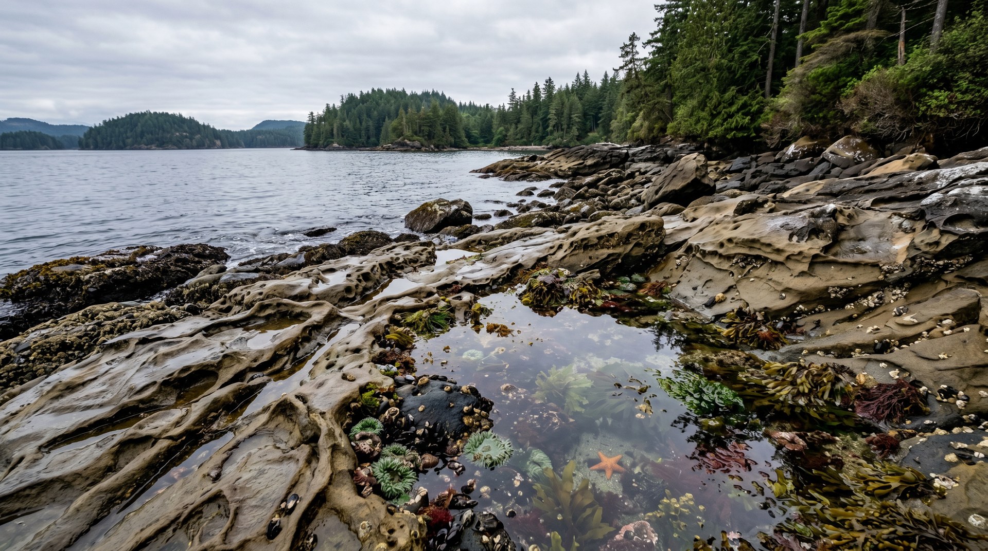 Sandstone tidepools at low tide.