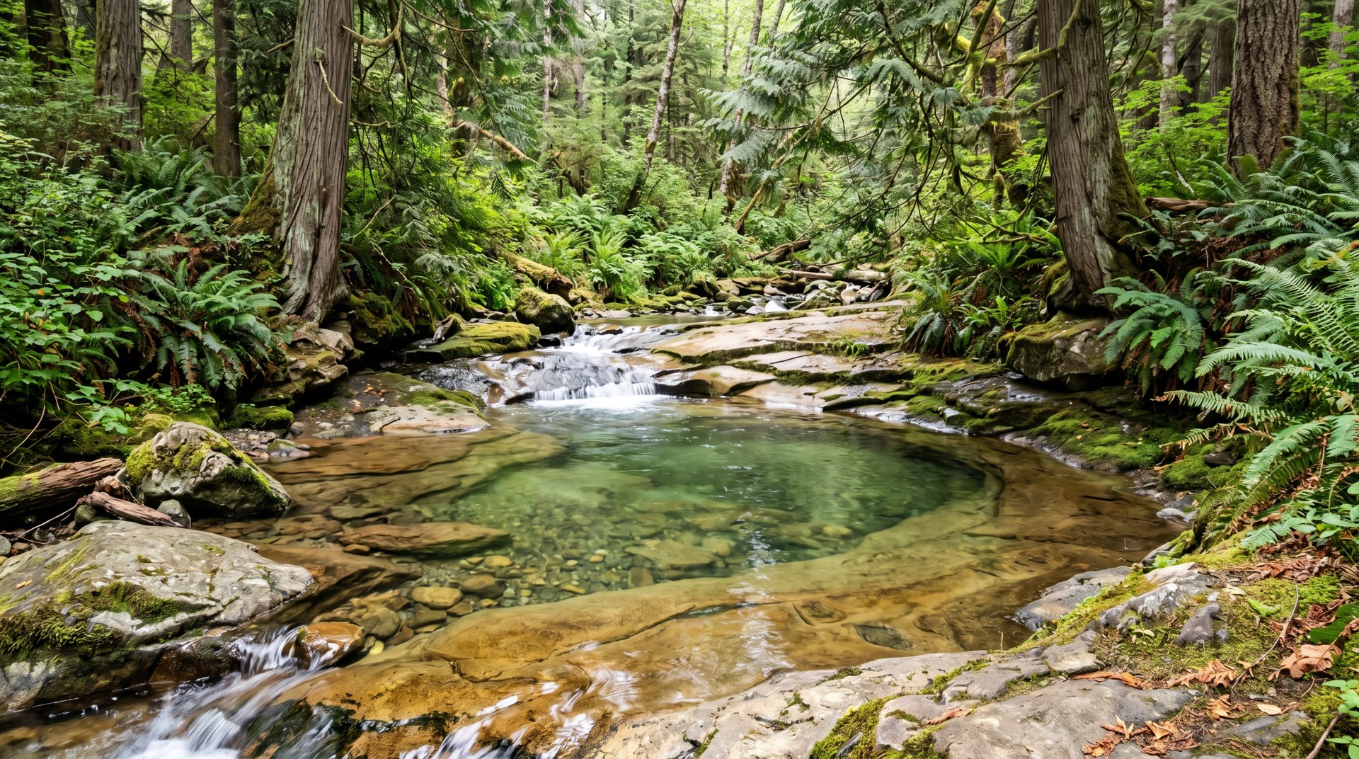 Swimmable creek pools below the falls.