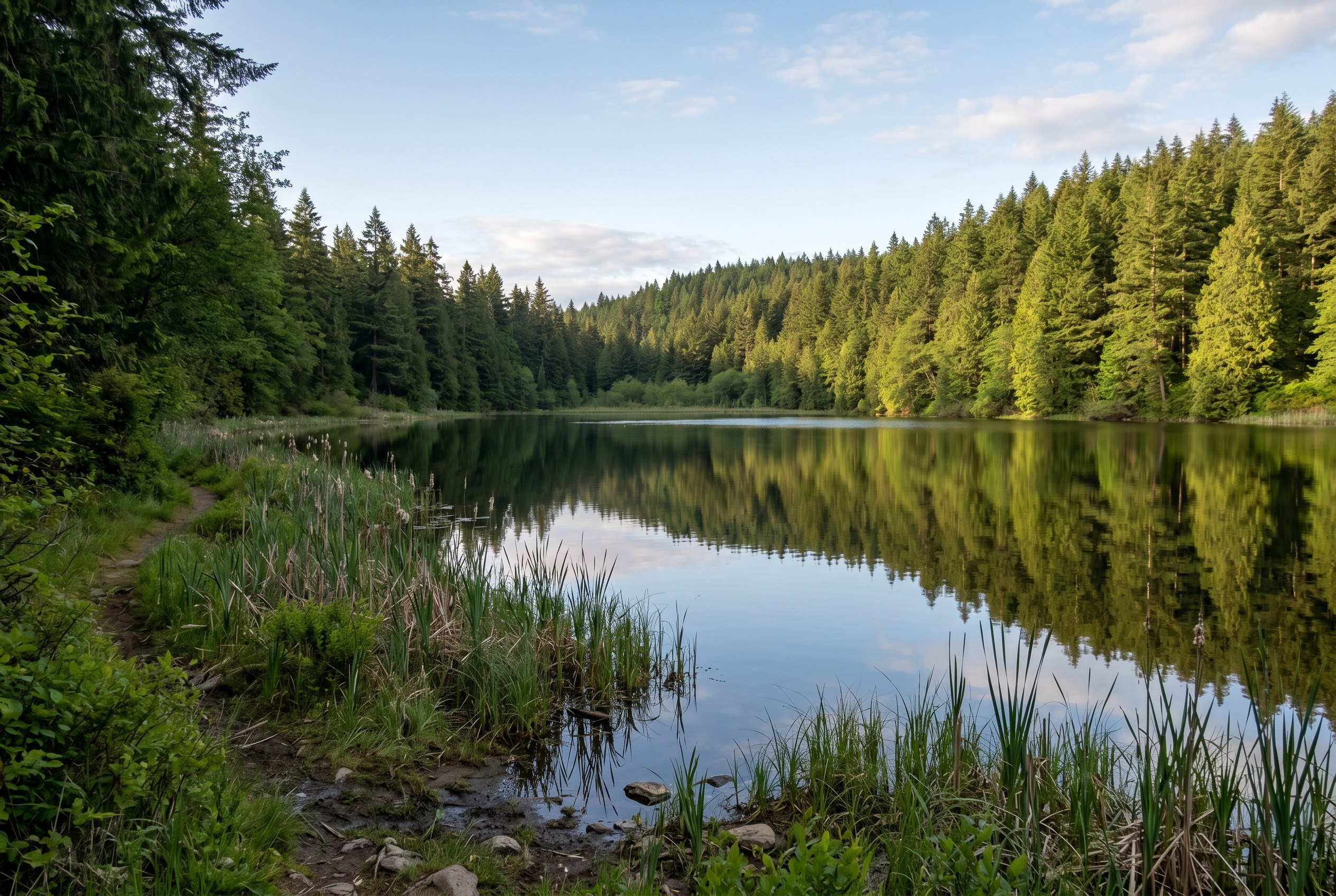 A trail along a calm lake