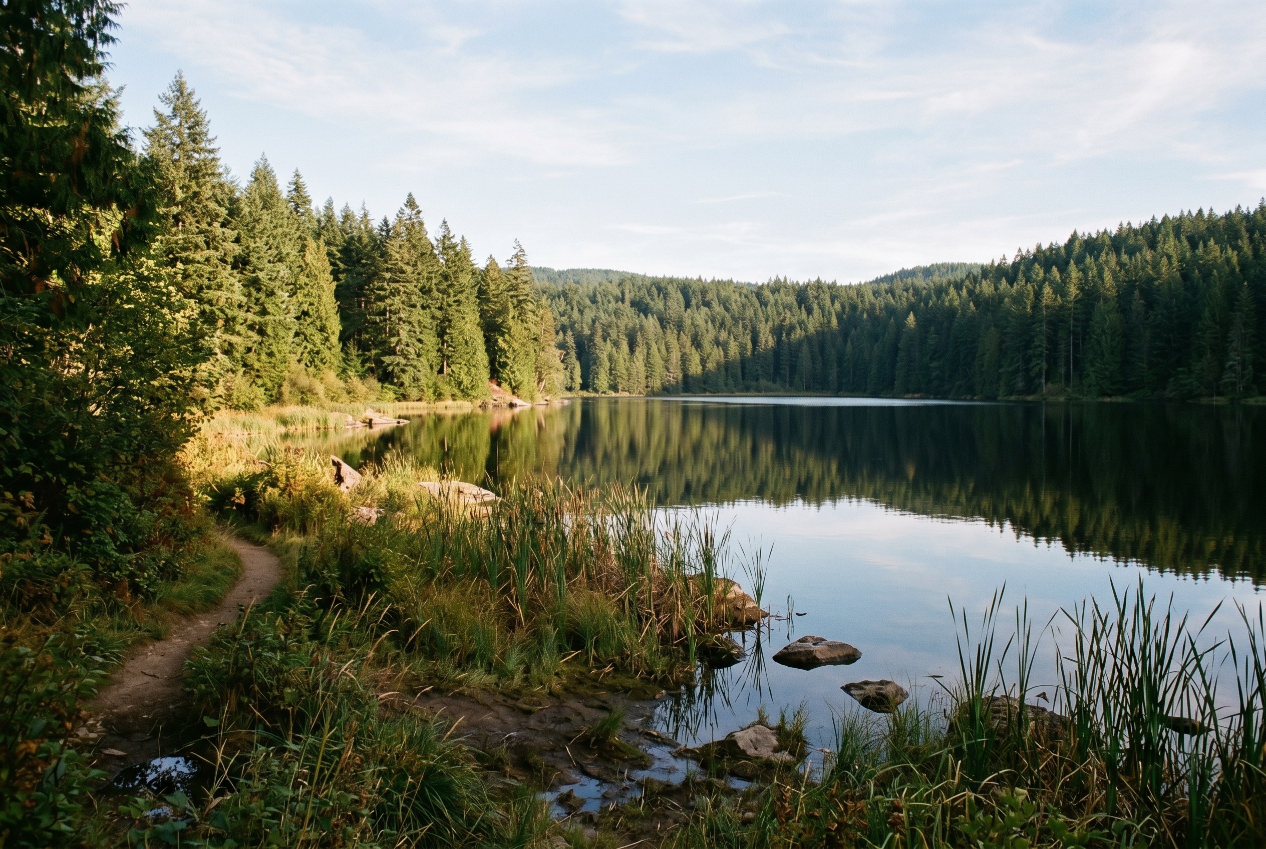 A trail along a calm lake