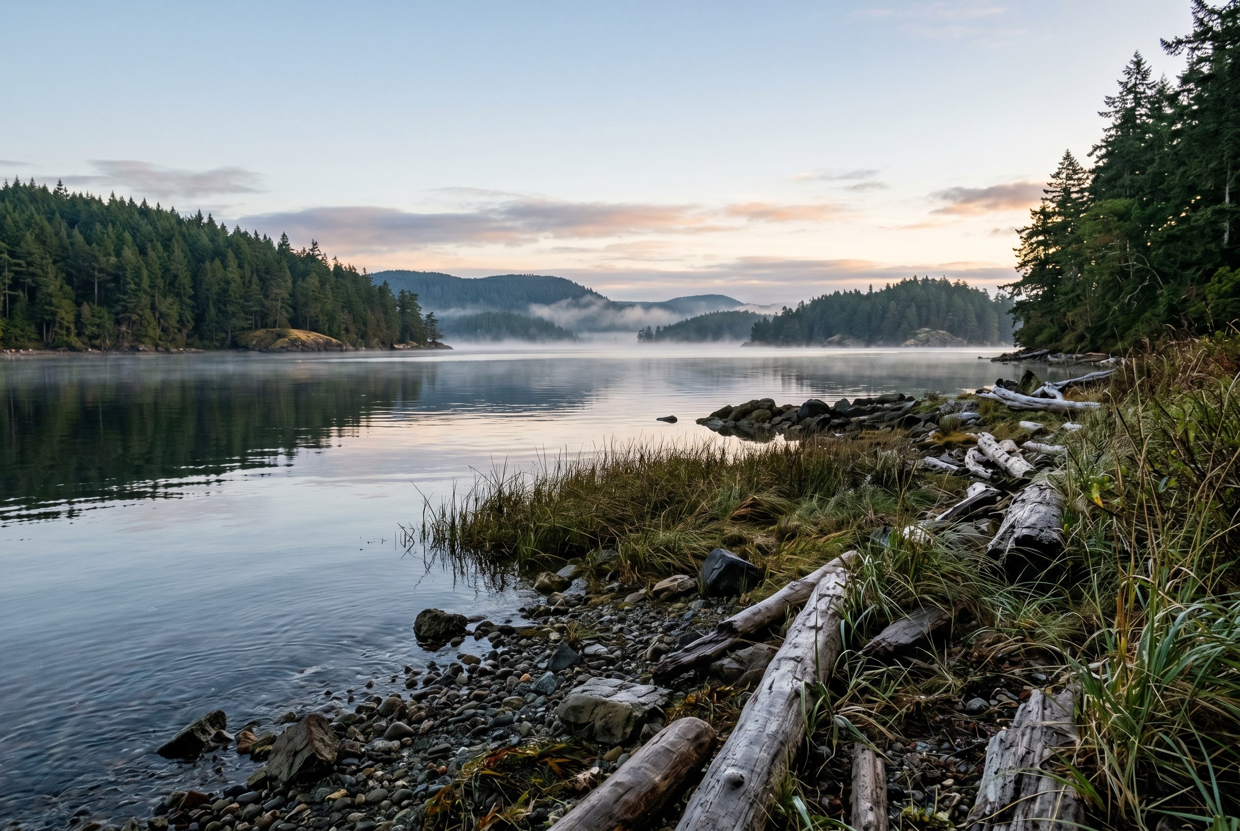 A calm Salish Sea shoreline