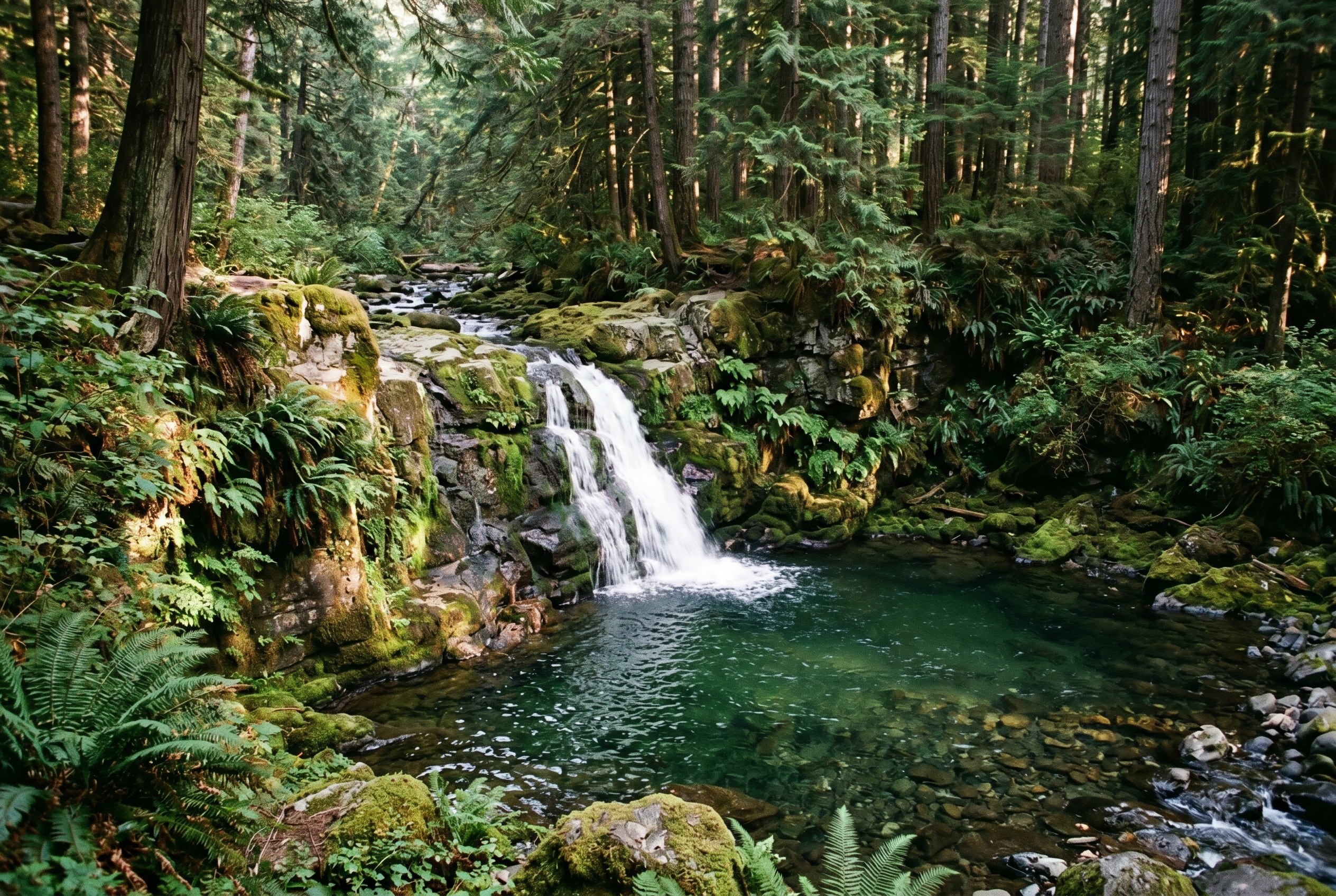 A waterfall cascading over sandstone ledges at Whatcom Falls Park