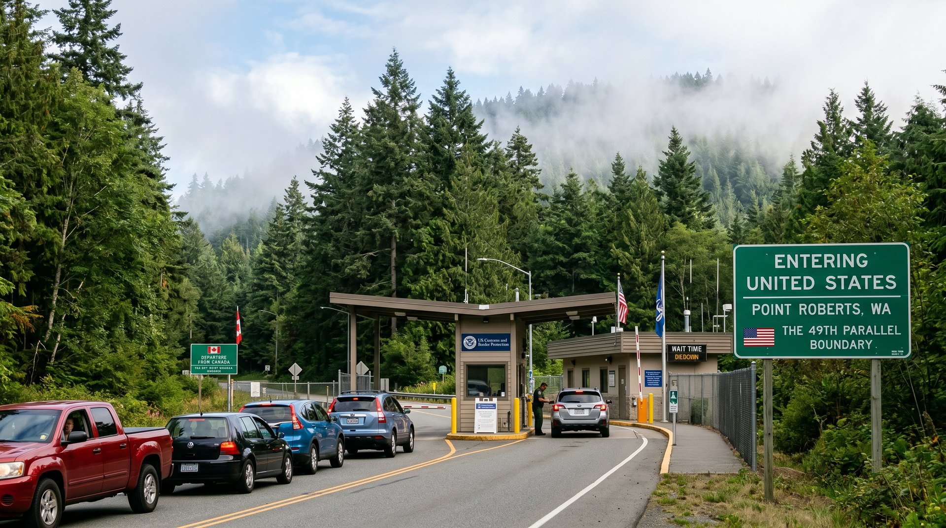 Small US-Canada border crossing at Point Roberts surrounded by dense evergreen forest