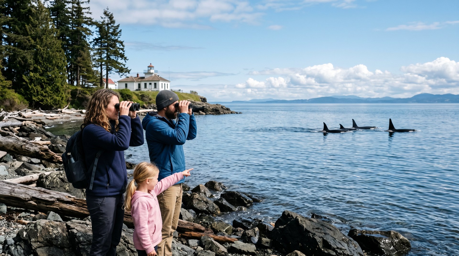 Family watching orcas from the rocky shore at Lighthouse Marine Park in Point Roberts