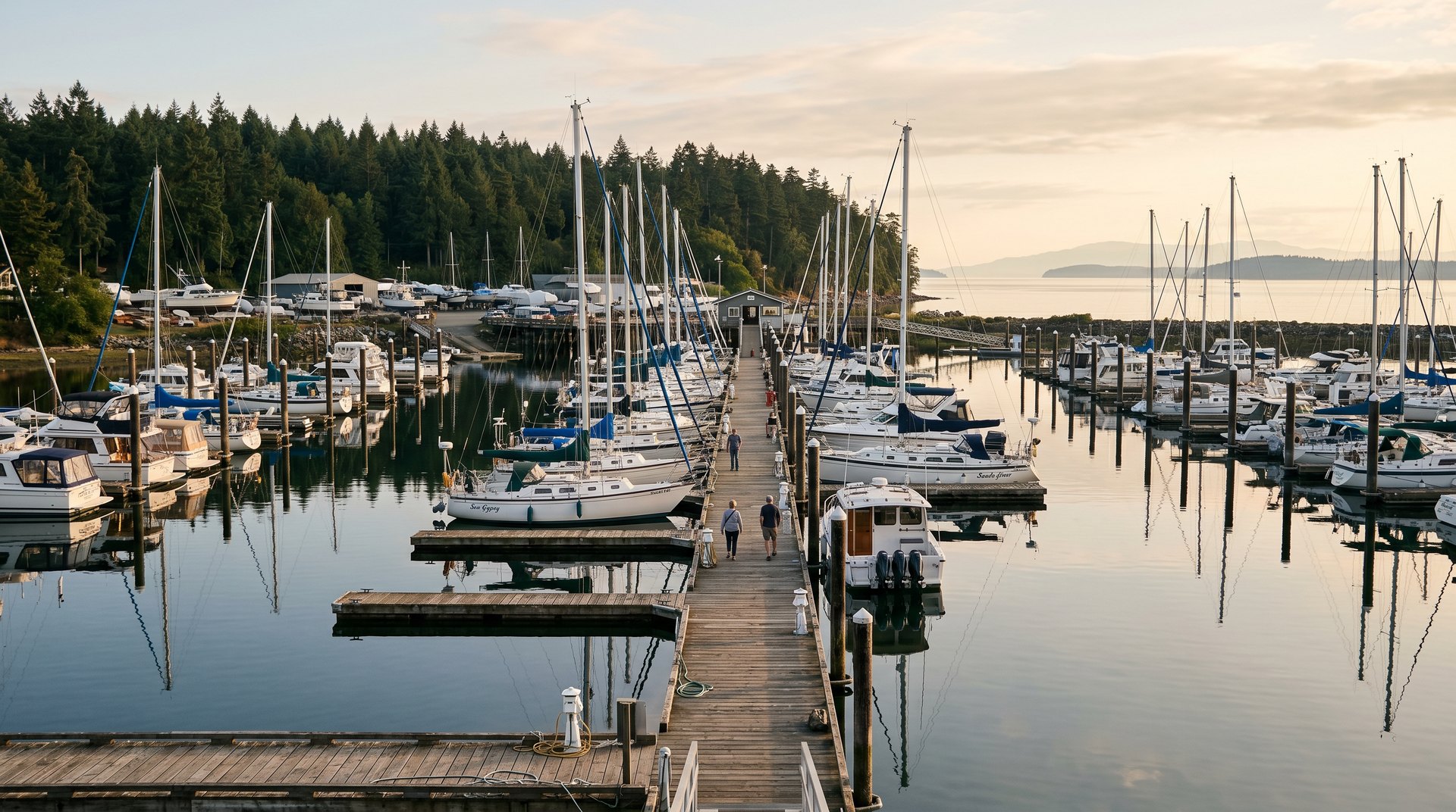 Quiet marina at Point Roberts with moored sailboats, forested backdrop, and Gulf Islands across the water