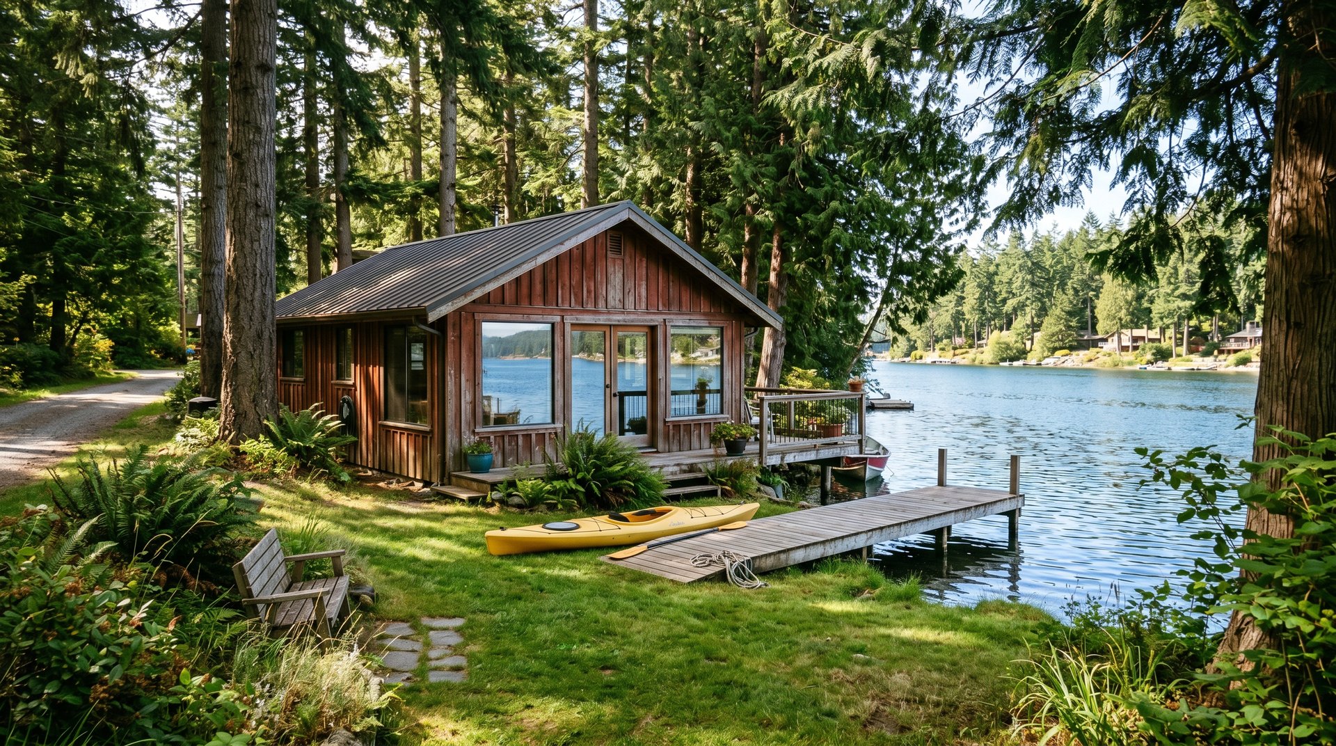 Modest cedar waterfront cabin with private dock and kayak in Point Roberts, Washington