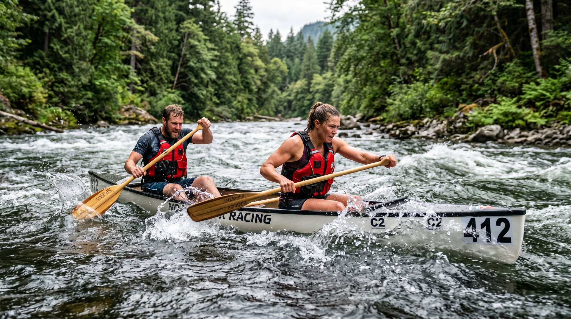 Two-person canoe paddling hard down the Nooksack River