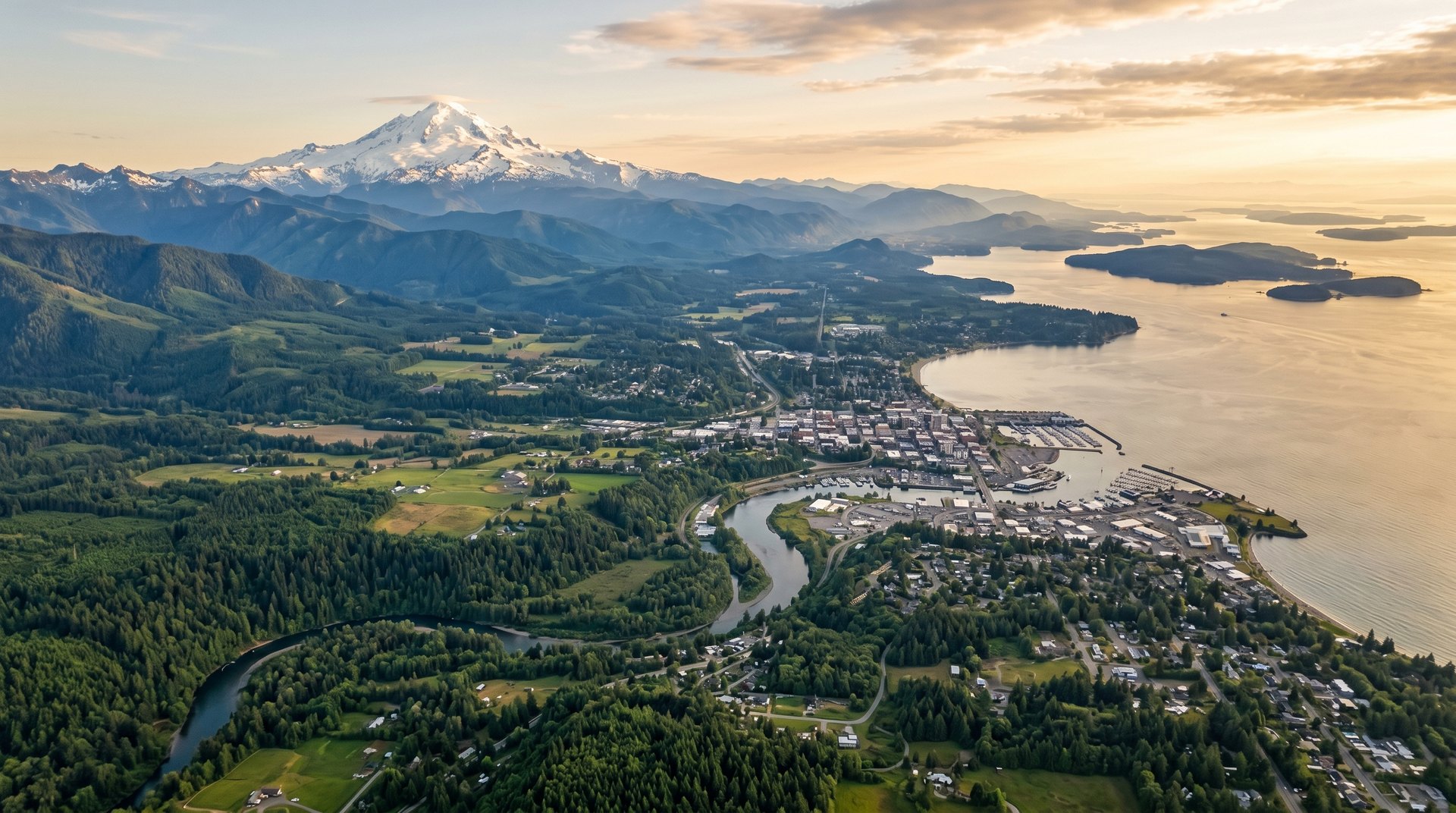 Mount Baker above the Nooksack valley and Bellingham Bay at golden hour