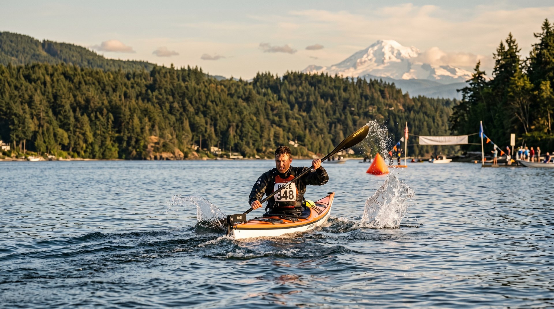 Sea kayaker sprinting across Bellingham Bay toward the finish