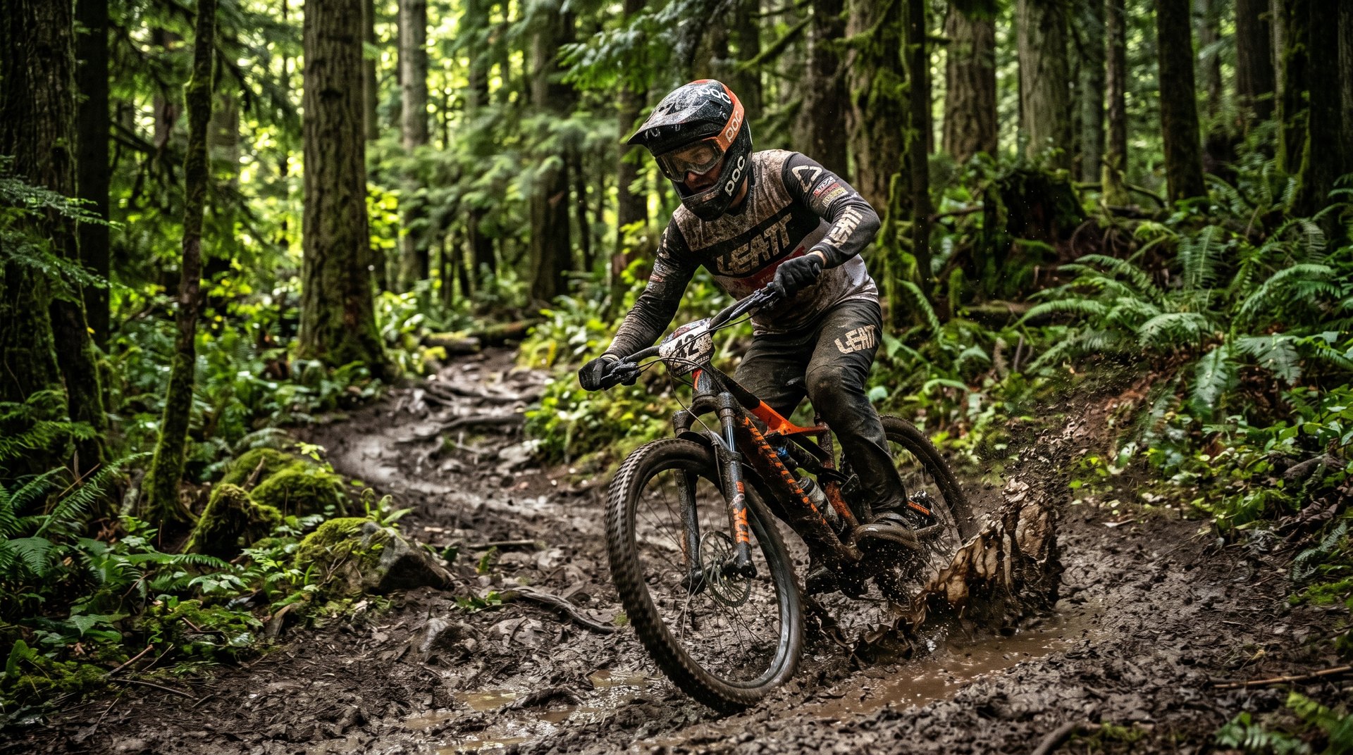 Mountain biker on a muddy forest singletrack trail