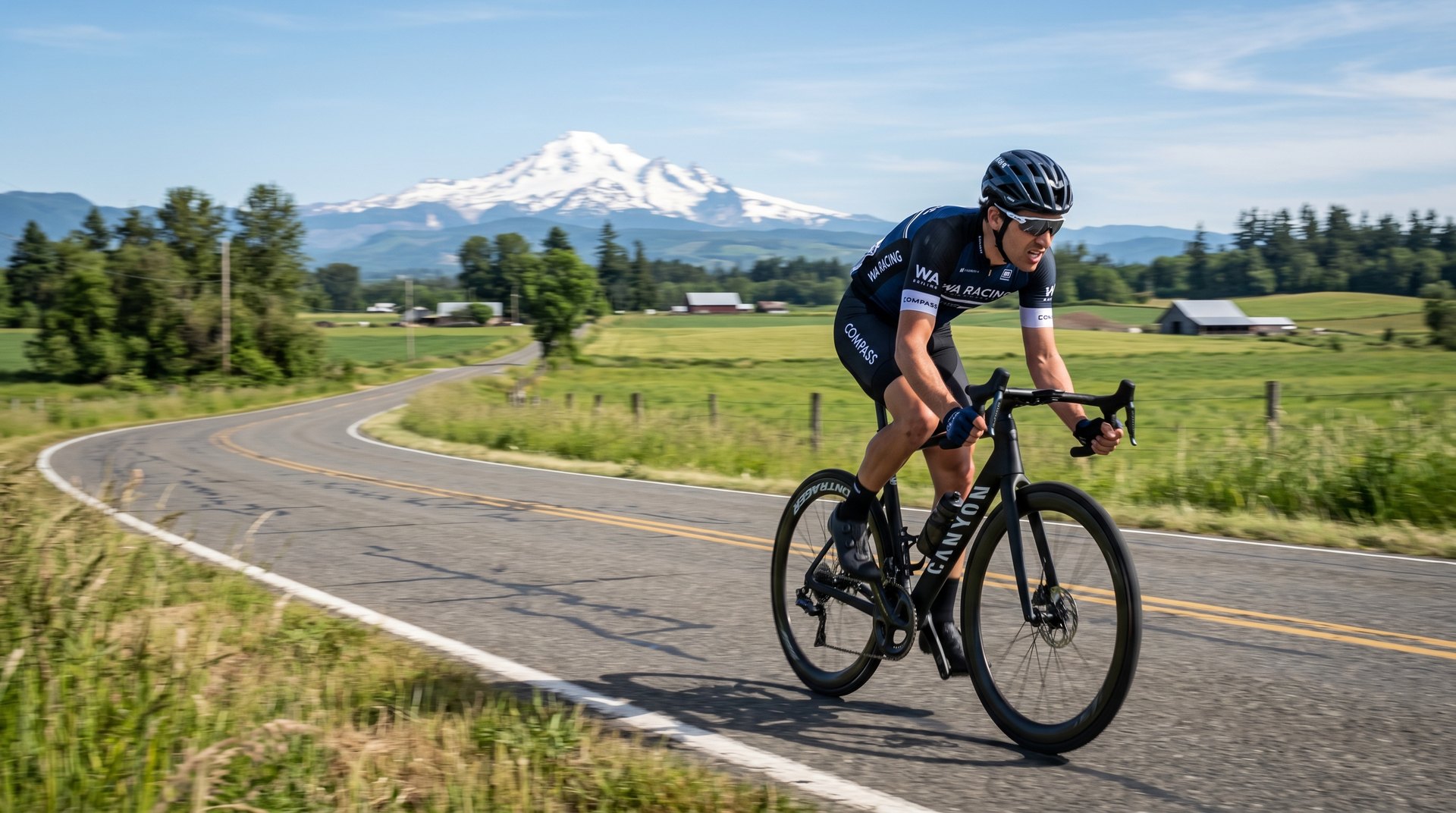 Road cyclist racing past farmland with Mt. Baker behind