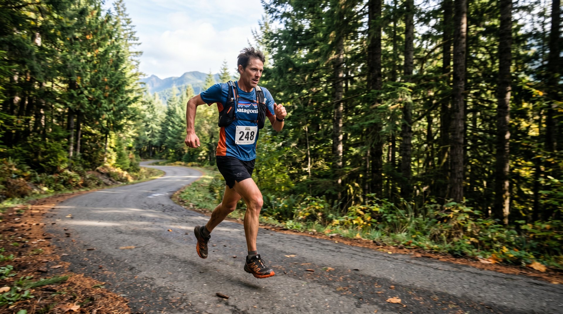 Trail runner descending a forested mountain road