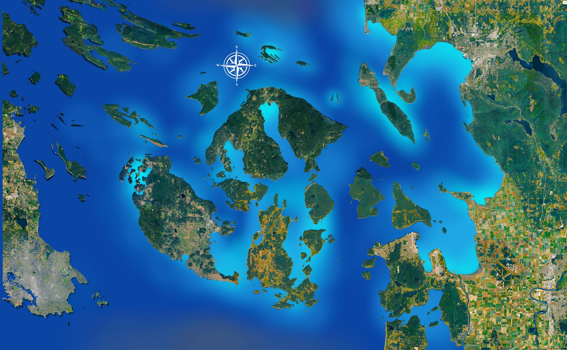 Aerial map of the San Juan Islands between Vancouver Island and Anacortes, west of Bellingham