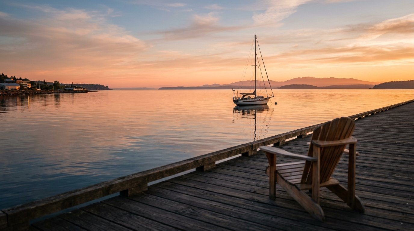 Bellingham Bay at golden hour in summer with a moored sailboat and the San Juan Islands on the horizon