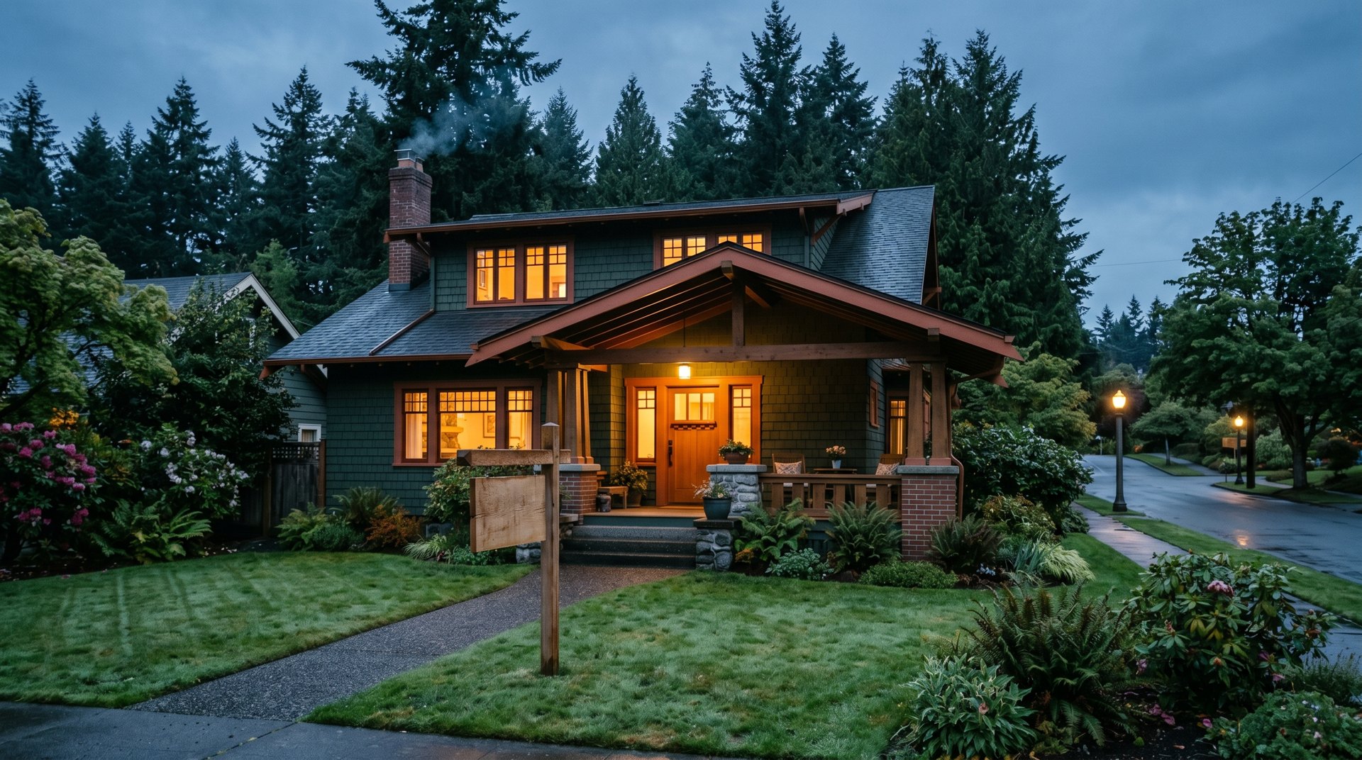 Craftsman home at blue hour with glowing windows, preparing to sell in Bellingham