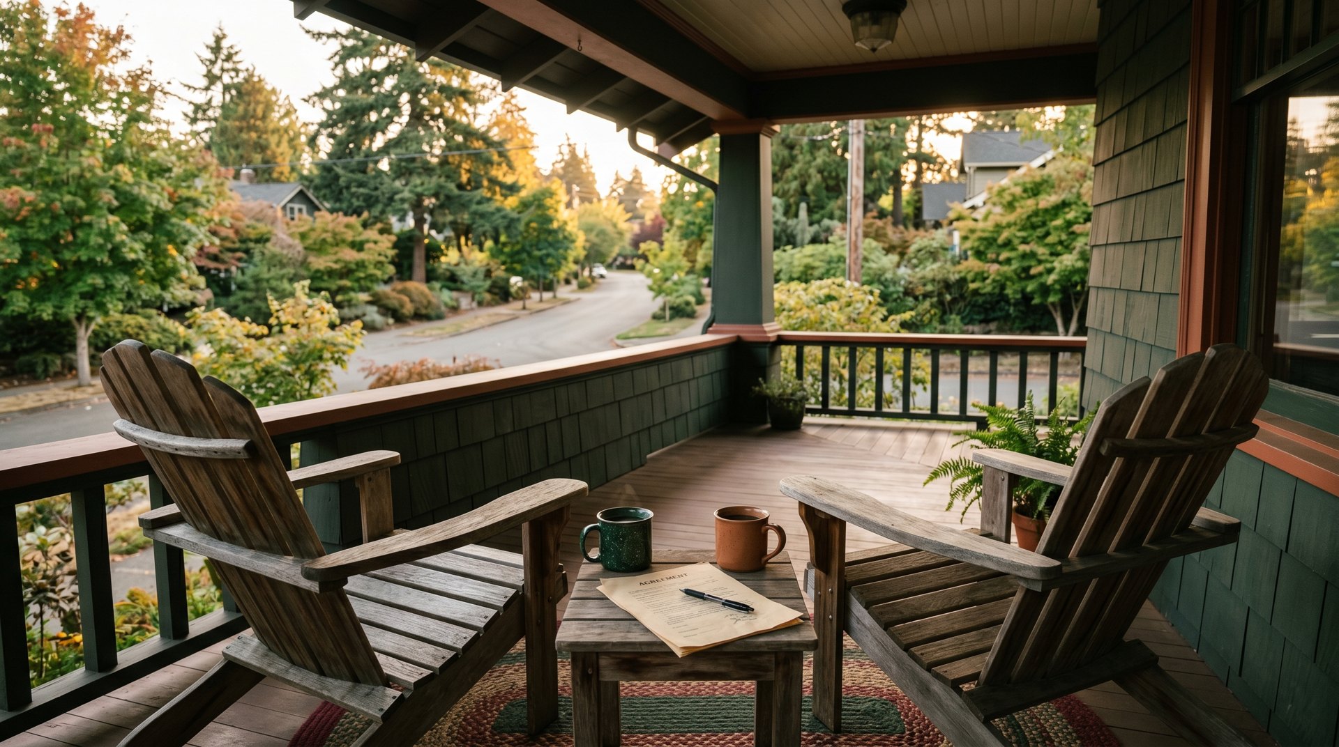 Porch table with coffee and a seller financing agreement at golden hour in Whatcom County